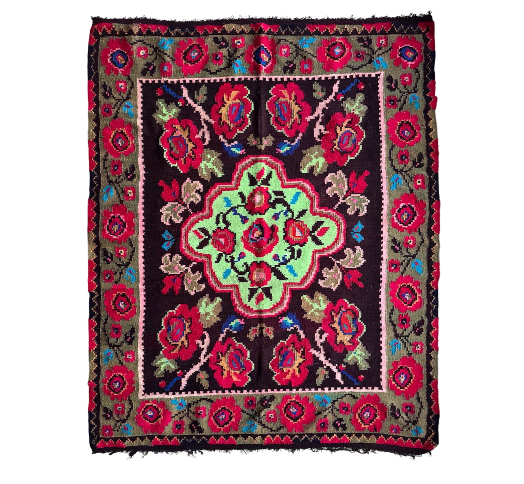 Handwoven Green Floral Maramureș Wool Rug, 165x125 cm
