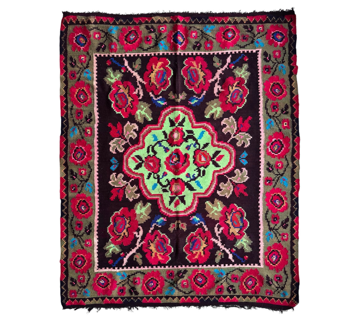 Handwoven Green Floral Maramureș Wool Rug, 165x125 cm