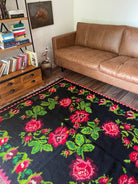 Handwoven Black Floral Romanian Wool Rug, 225x170 cm, view 2
