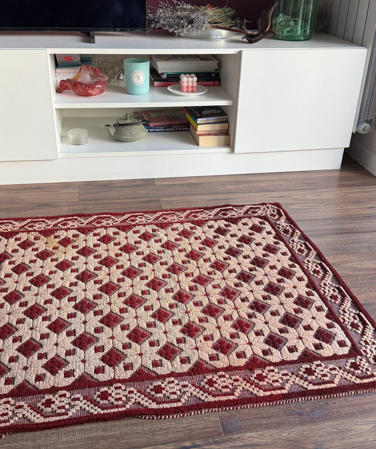 Vintage Dark Red Geometric Romanian Wool Rug, 193x88 cm, view 2
