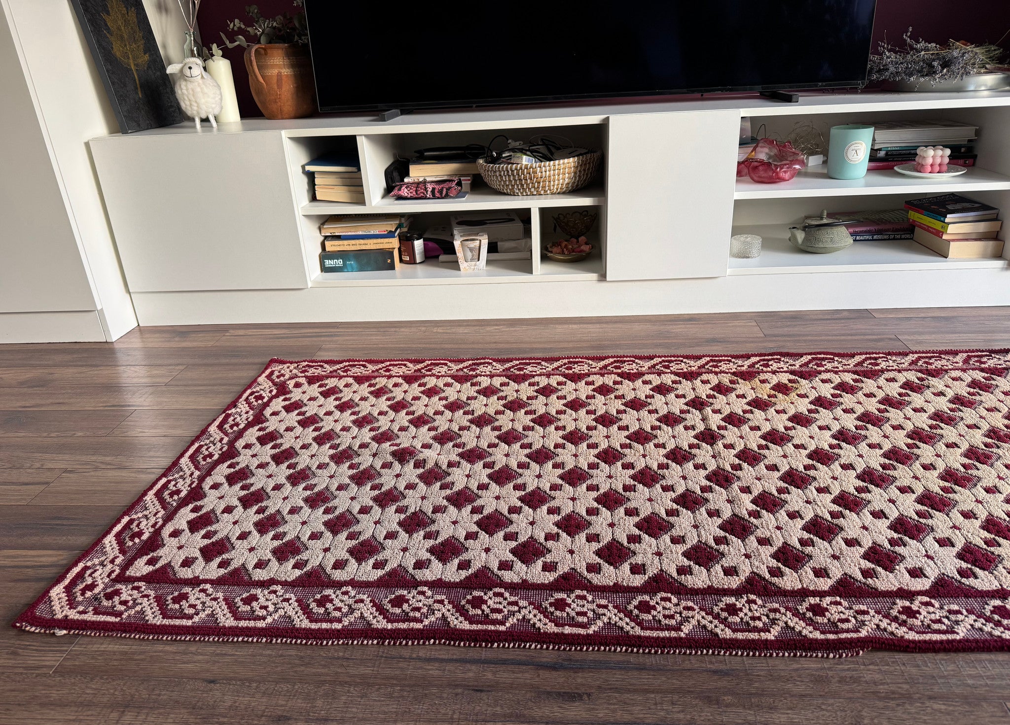 Vintage Dark Red Geometric Romanian Wool Rug, 193x88 cm, view 3