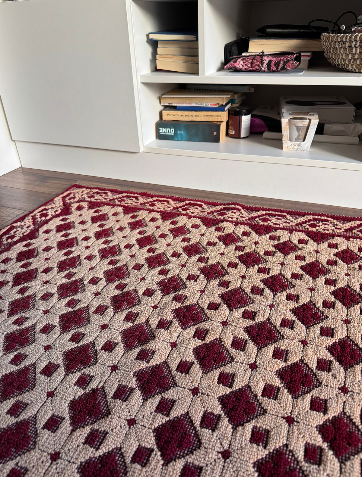 Vintage Dark Red Geometric Romanian Wool Rug, 193x88 cm, view 5