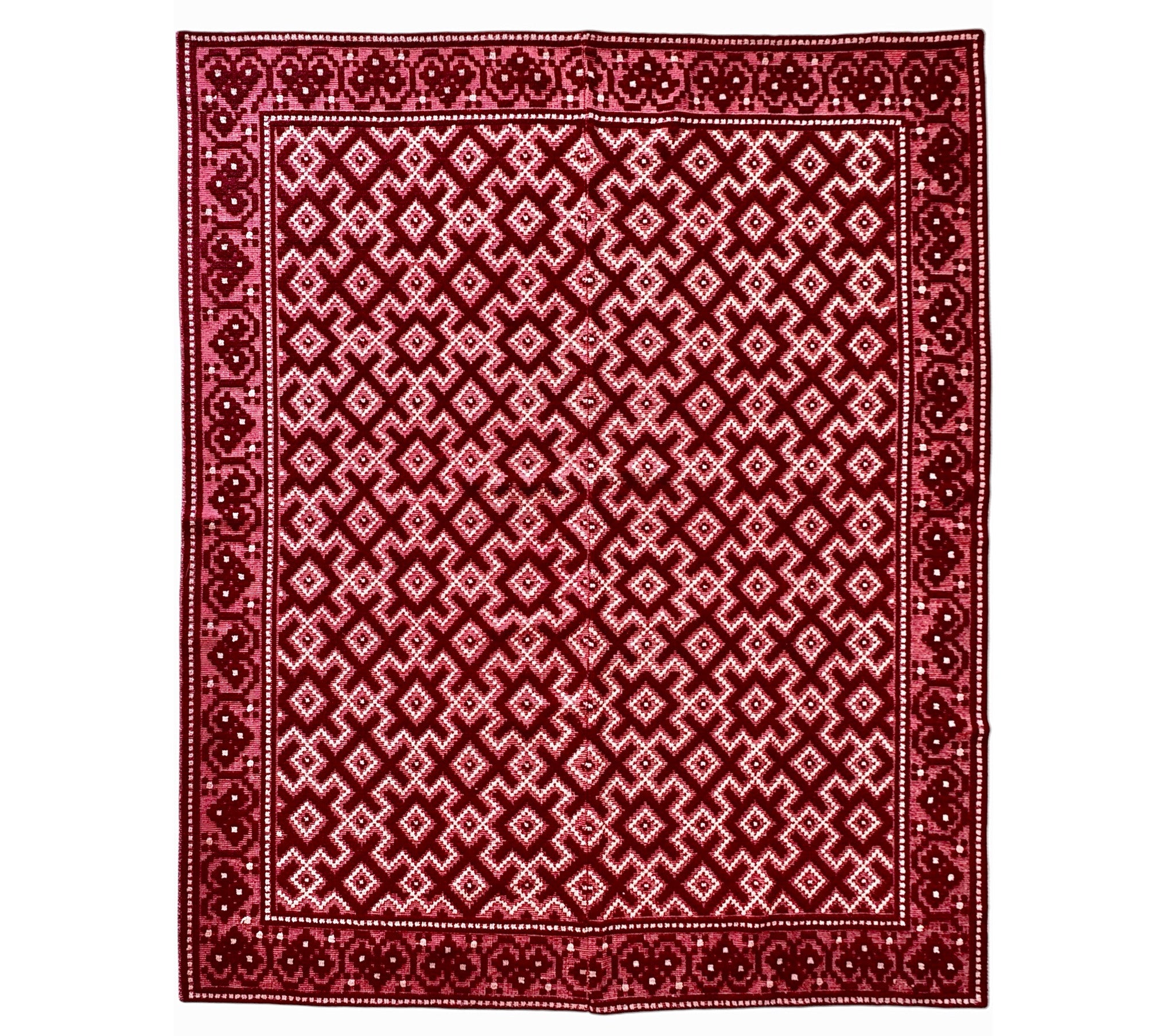 Vintage Burgundy Geometric Romanian Wool Rug, 190x170 cm