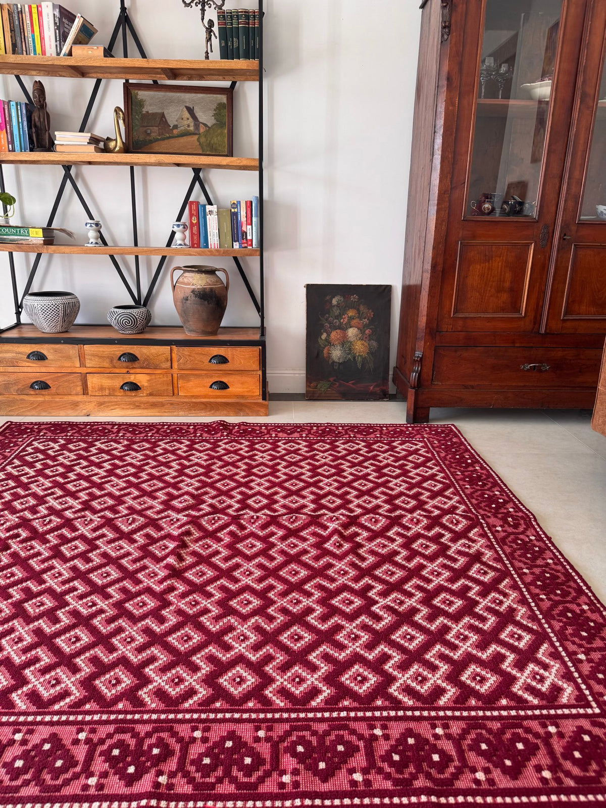 Vintage Burgundy Geometric Romanian Wool Rug, 190x170 cm, view 13