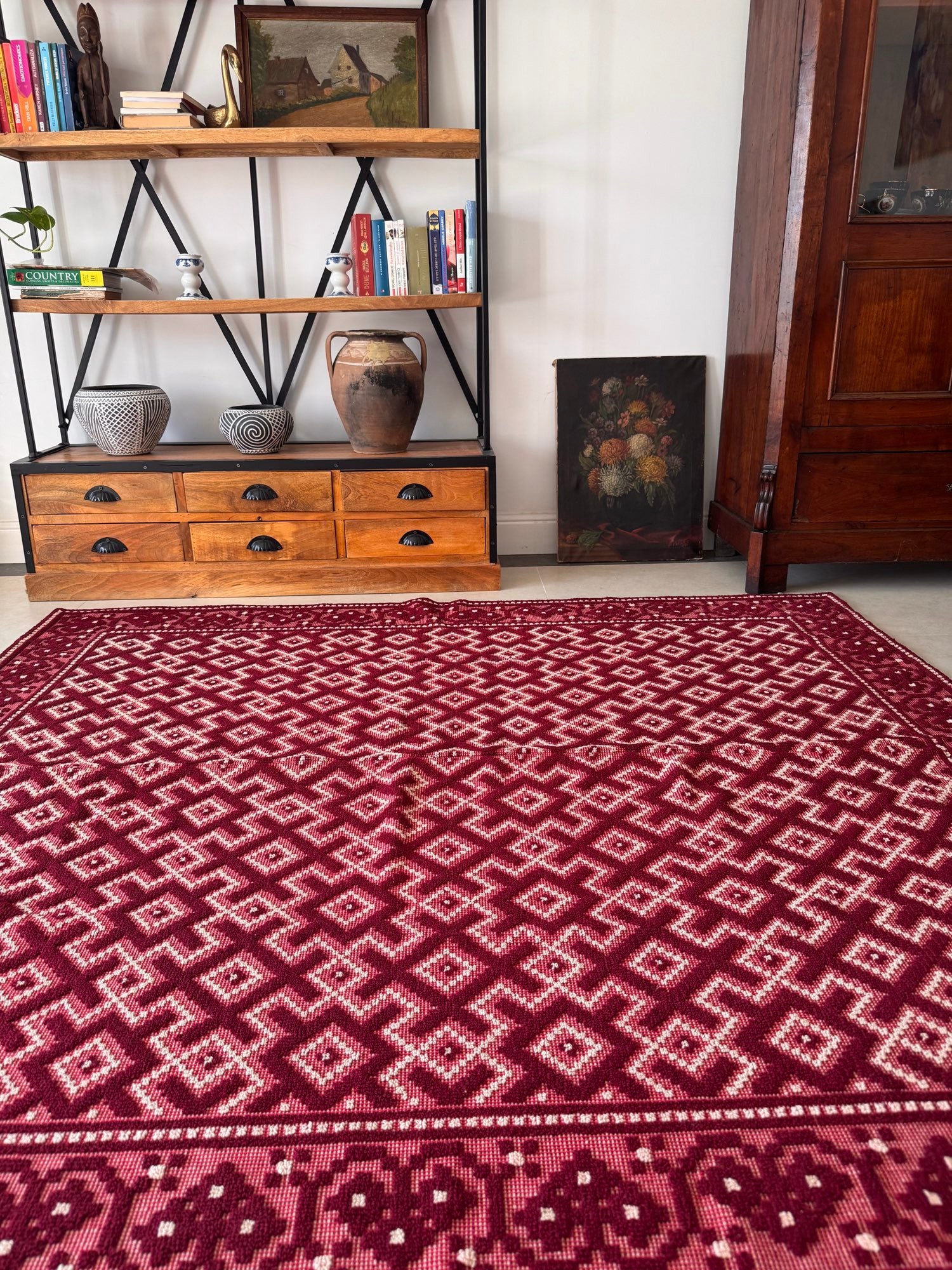 Vintage Burgundy Geometric Romanian Wool Rug, 190x170 cm, view 14