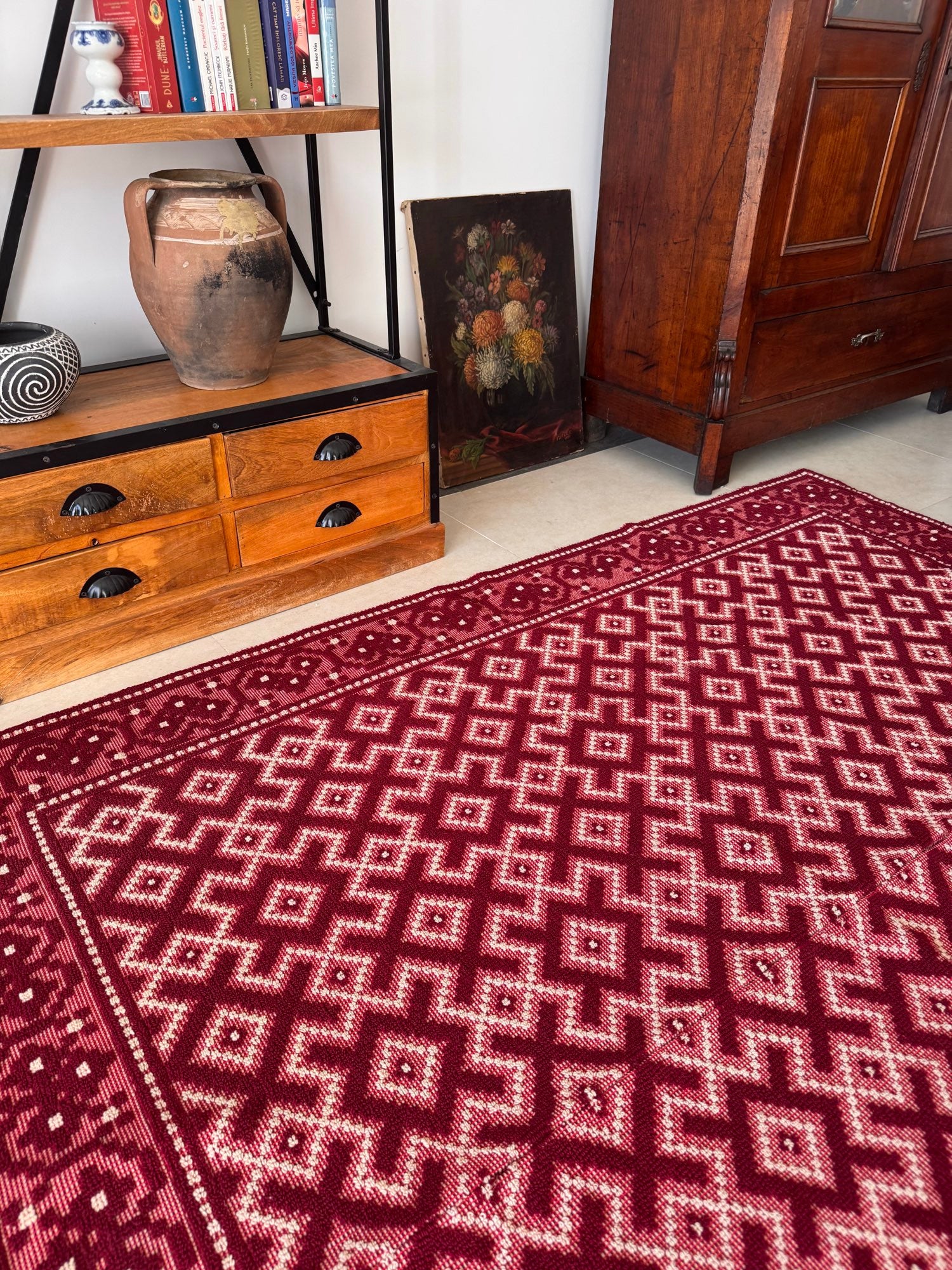 Vintage Burgundy Geometric Romanian Wool Rug, 190x170 cm, view 6