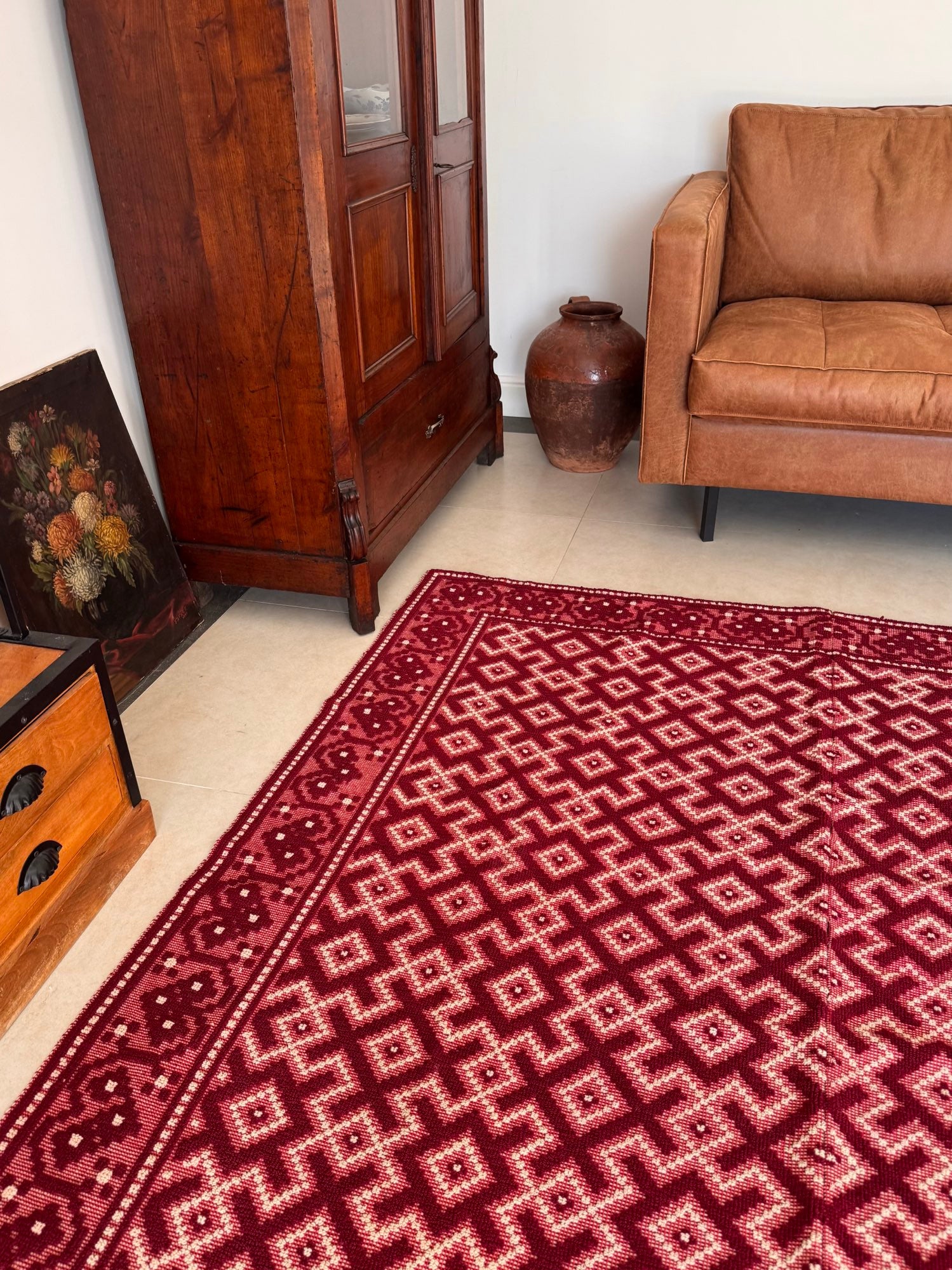 Vintage Burgundy Geometric Romanian Wool Rug, 190x170 cm, view 7