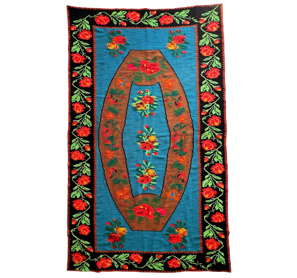Floral Cross-Stitch Wall Tapestry, Blue, 243x130 cm