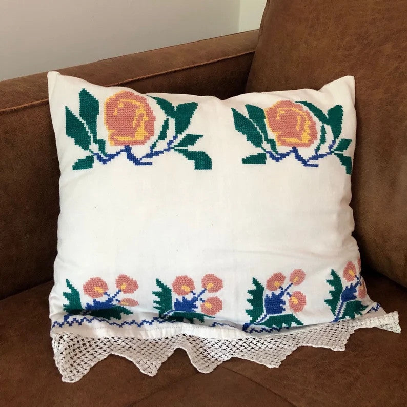Cross-Stitch Floral Pillow Case from Old Towel, 40x35 cm