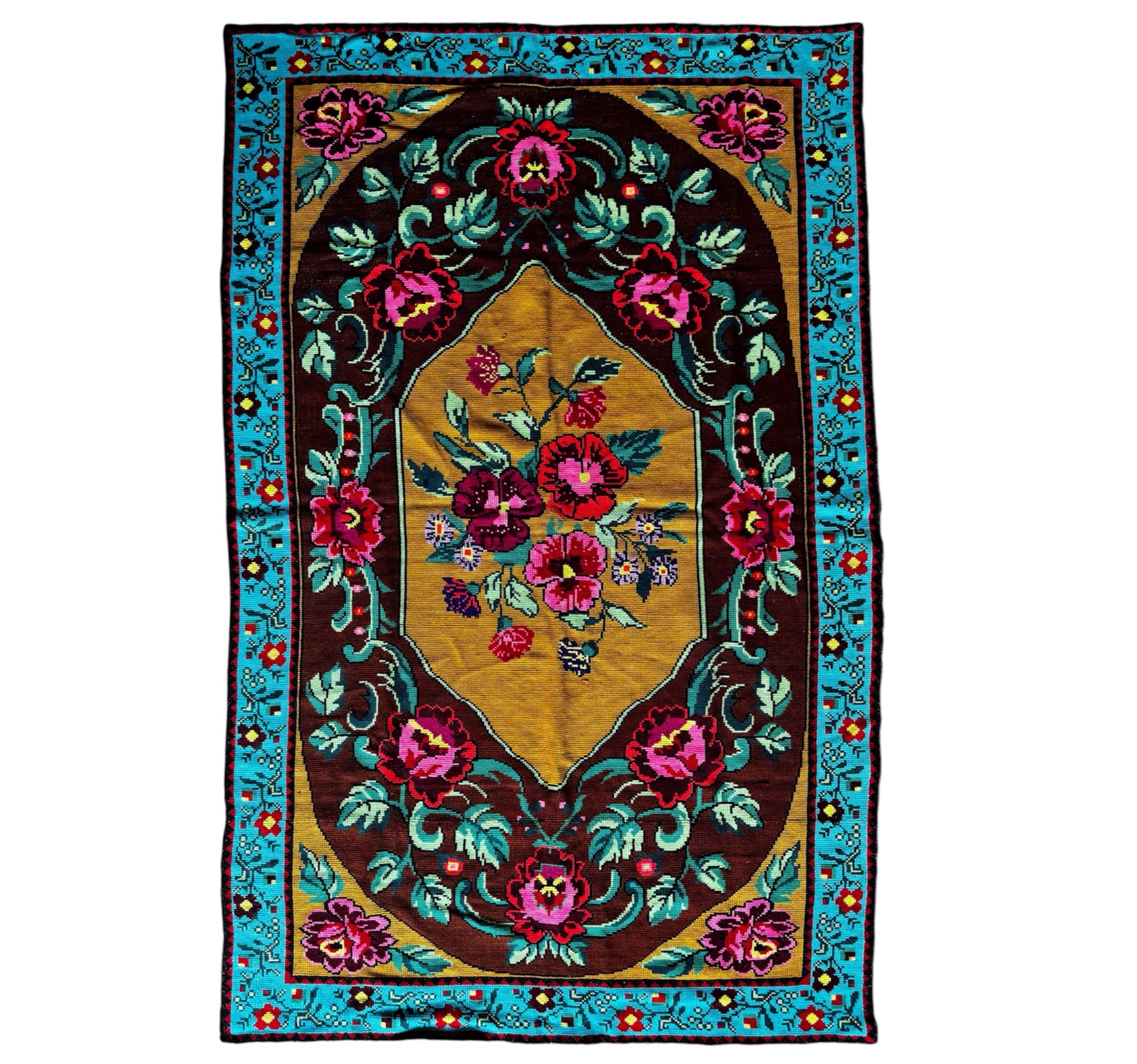 Cross-Stitch Floral Wall Hanging, Blue & Ochre, 200x120 cm