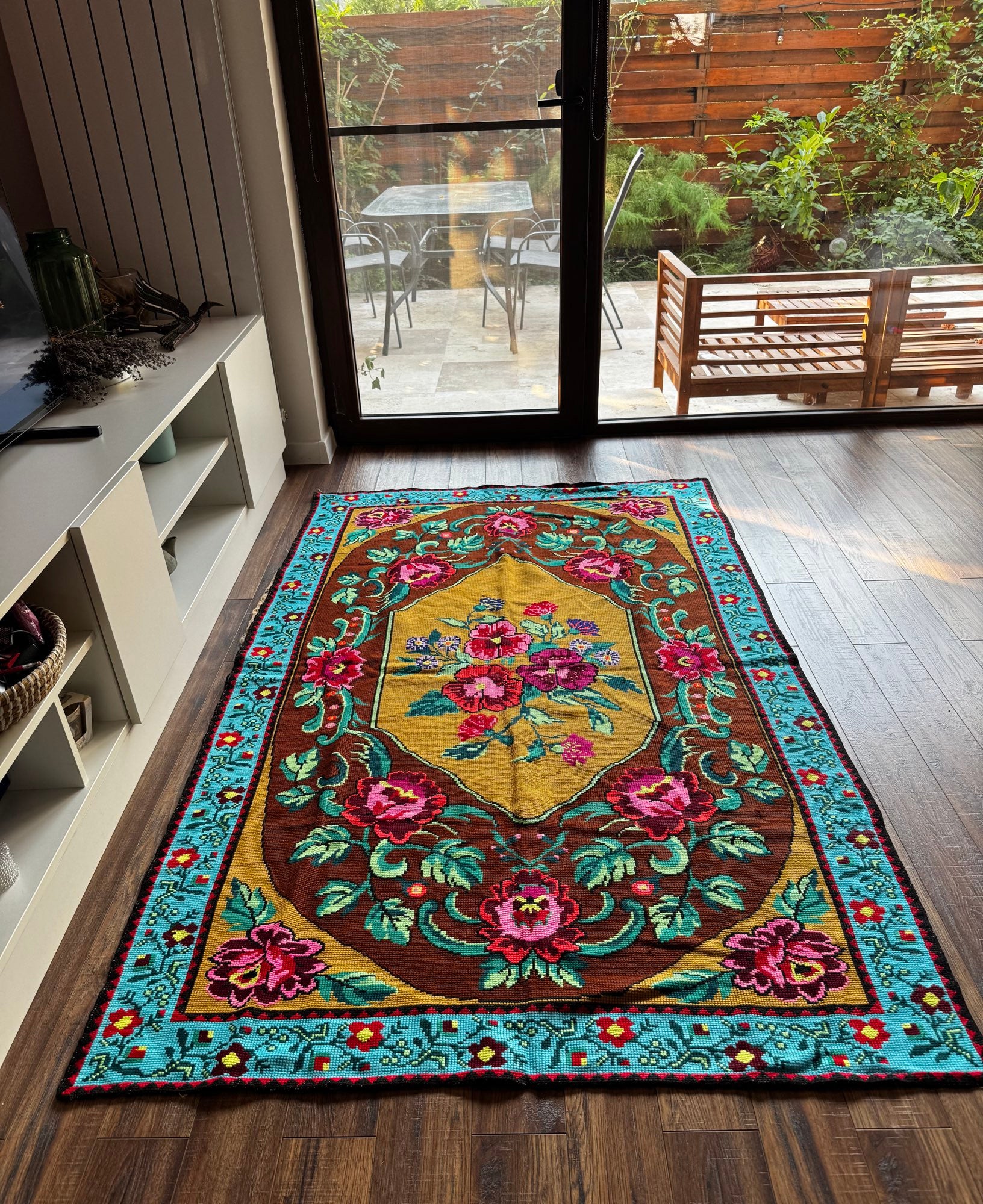 Cross-Stitch Floral Wall Hanging, Blue & Ochre, 200x120 cm, view 12