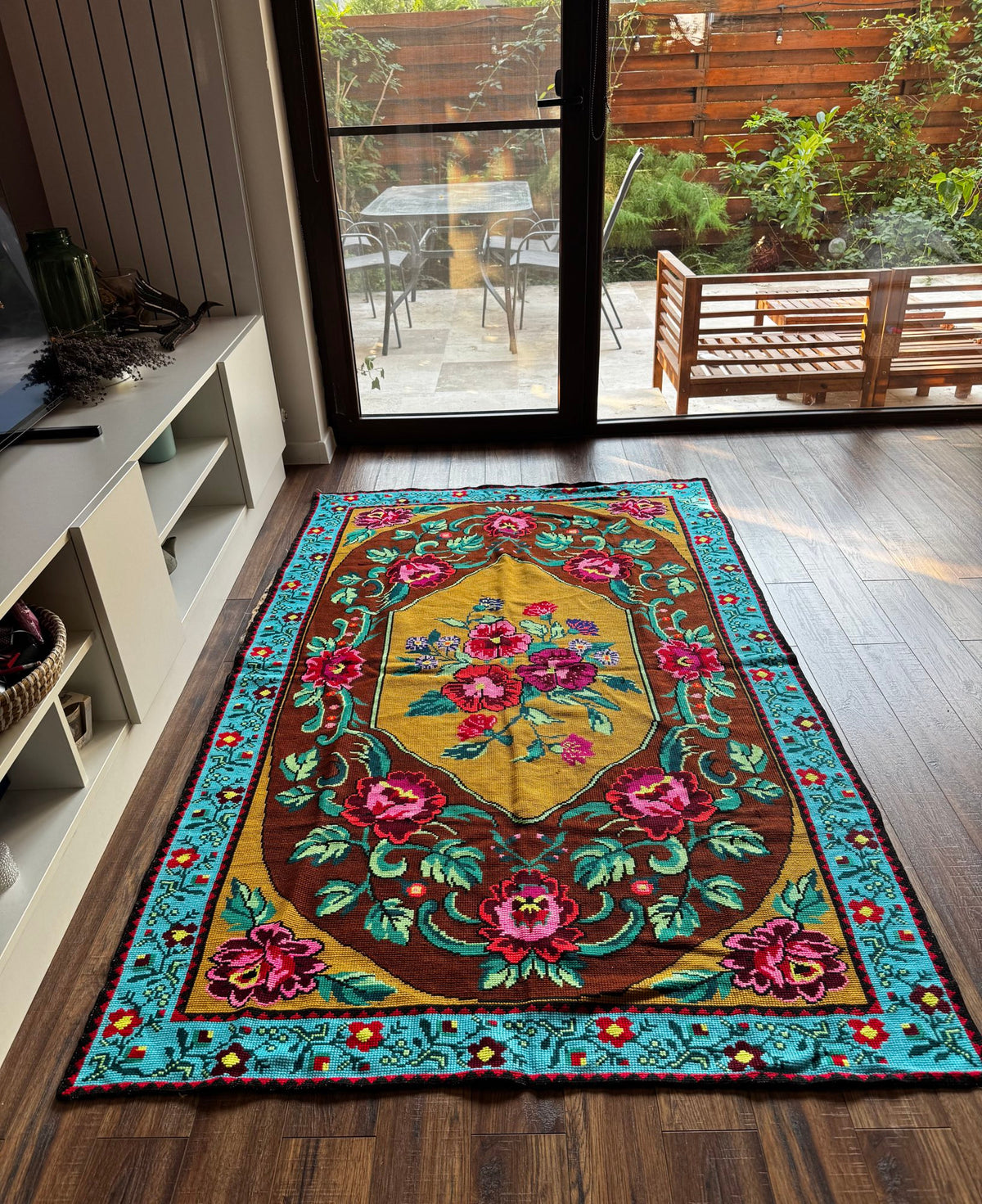 Cross-Stitch Floral Wall Hanging, Blue & Ochre, 200x120 cm, view 12