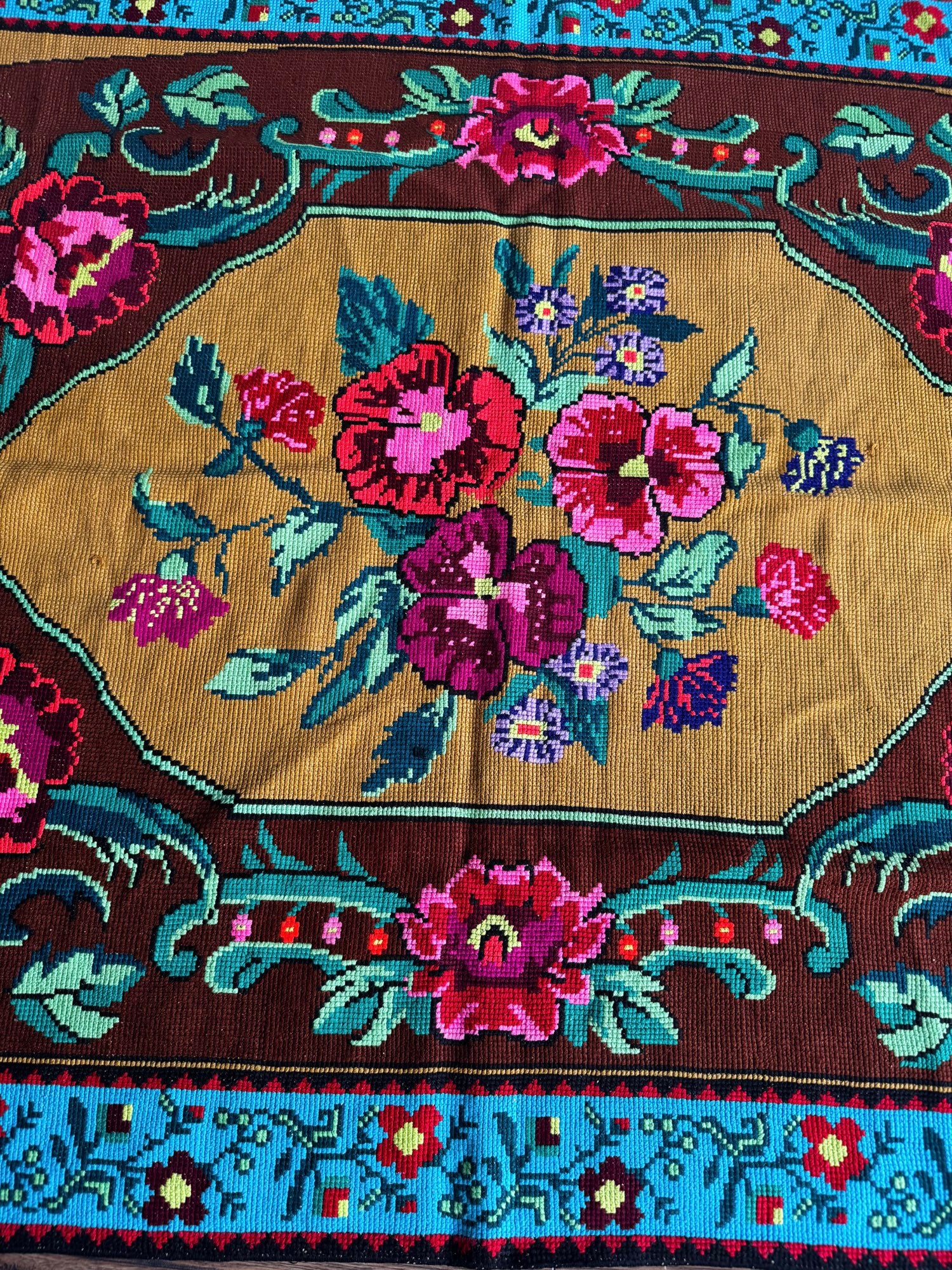 Cross-Stitch Floral Wall Hanging, Blue & Ochre, 200x120 cm, view 14