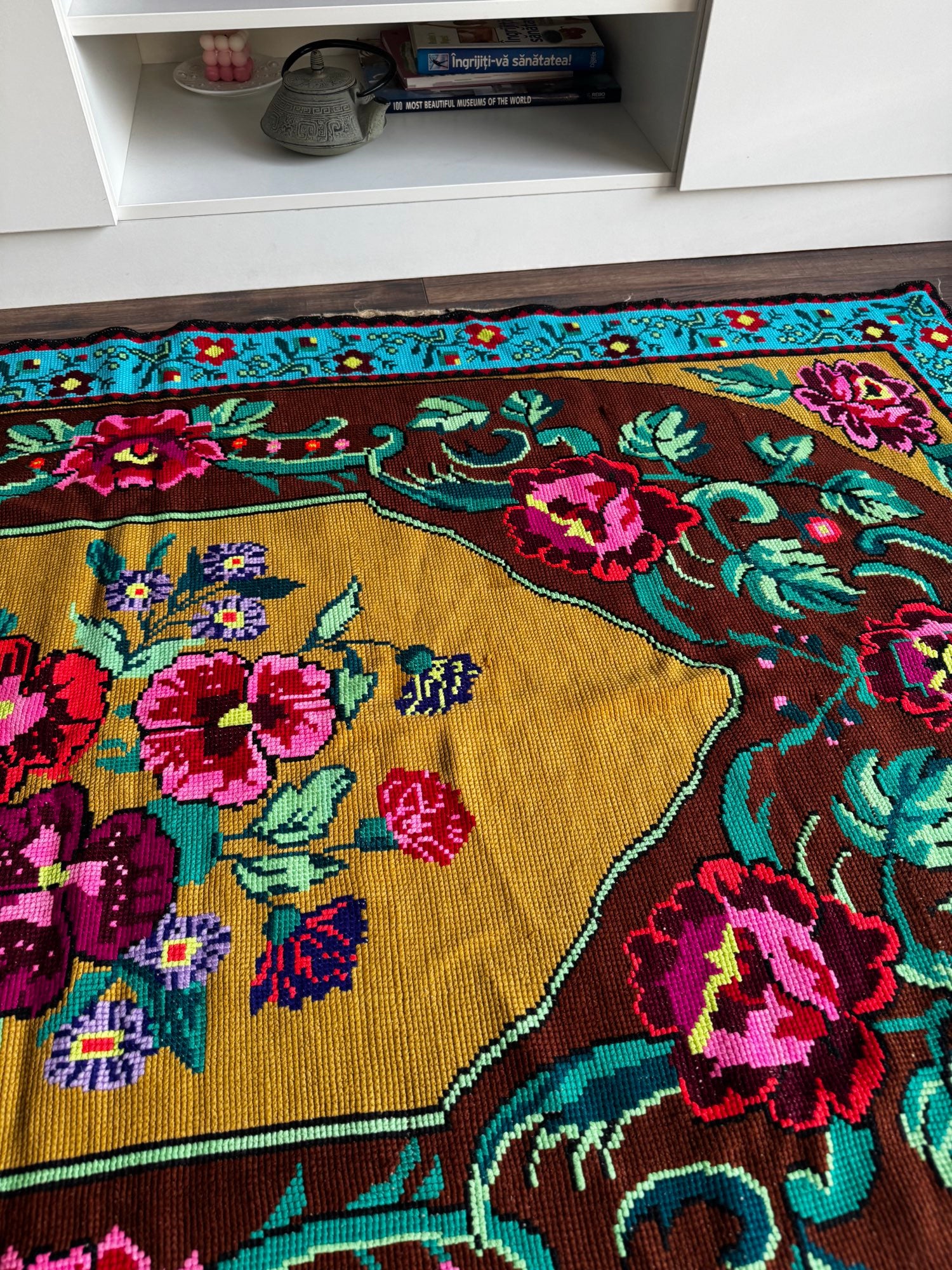 Cross-Stitch Floral Wall Hanging, Blue & Ochre, 200x120 cm, view 3