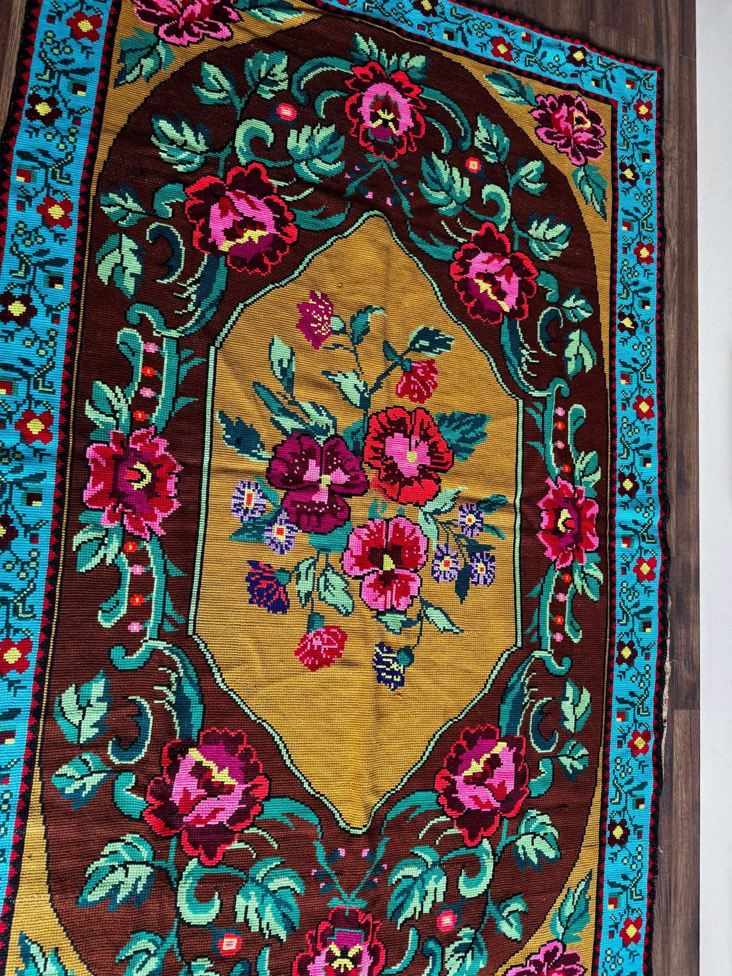 Cross-Stitch Floral Wall Hanging, Blue & Ochre, 200x120 cm, view 6