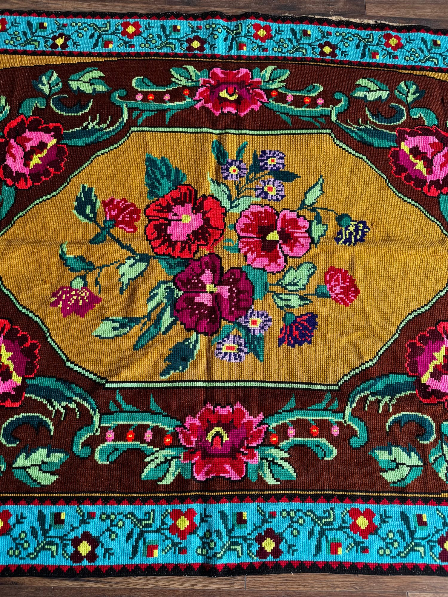 Cross-Stitch Floral Wall Hanging, Blue & Ochre, 200x120 cm, view 8