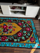 Cross-Stitch Floral Wall Hanging, Blue & Ochre, 200x120 cm, view 9