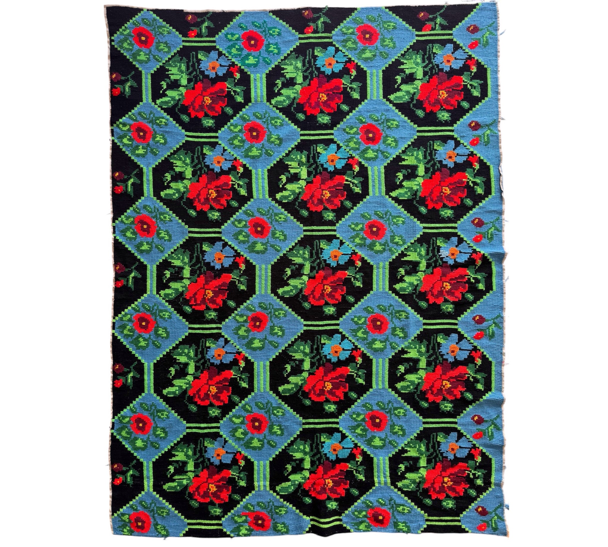 Cross-Stitch Rose Wall Tapestry, Black & Blue, 186x133 cm