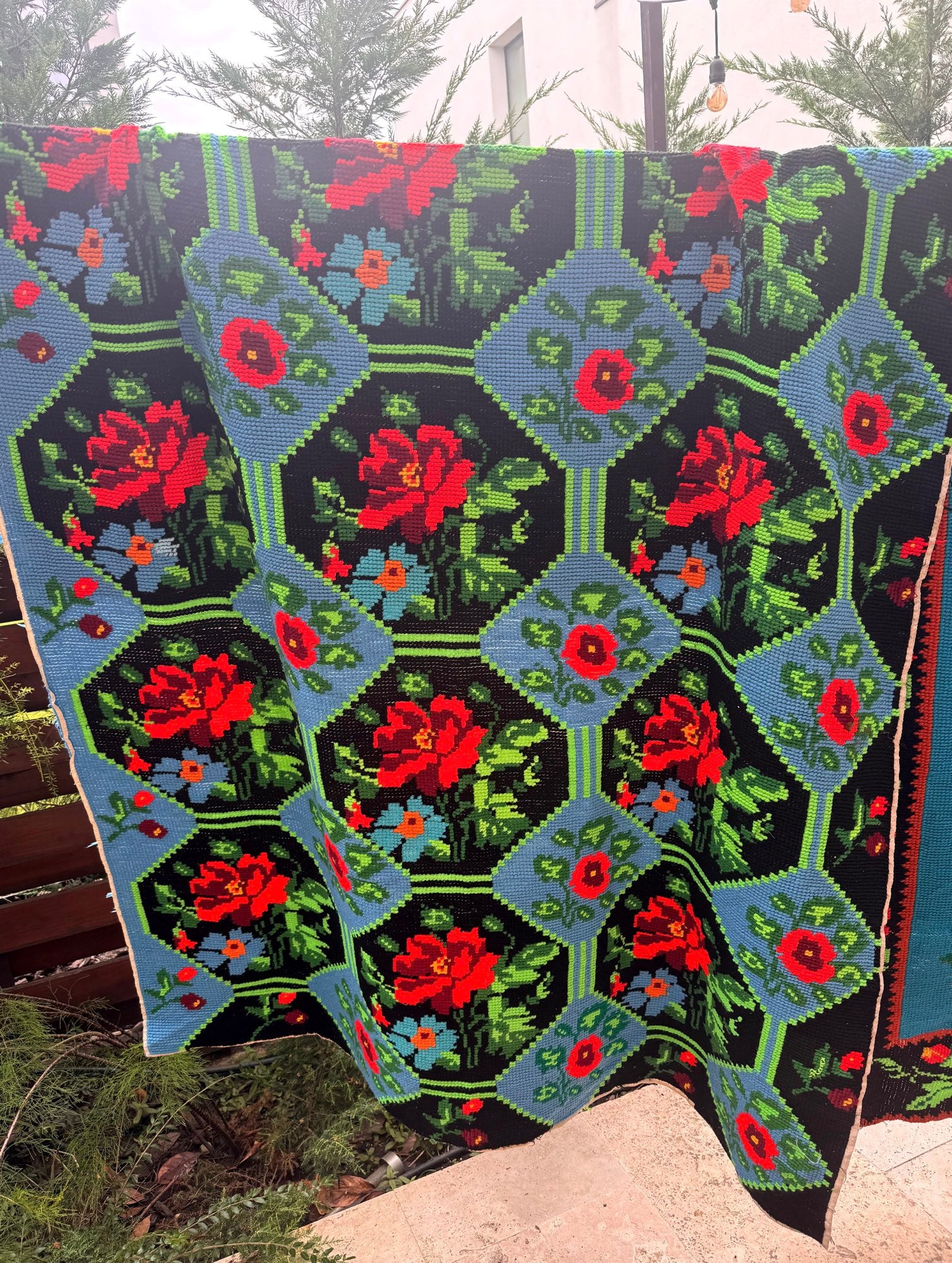 Cross-Stitch Rose Wall Tapestry, Black & Blue, 186x133 cm, view 12