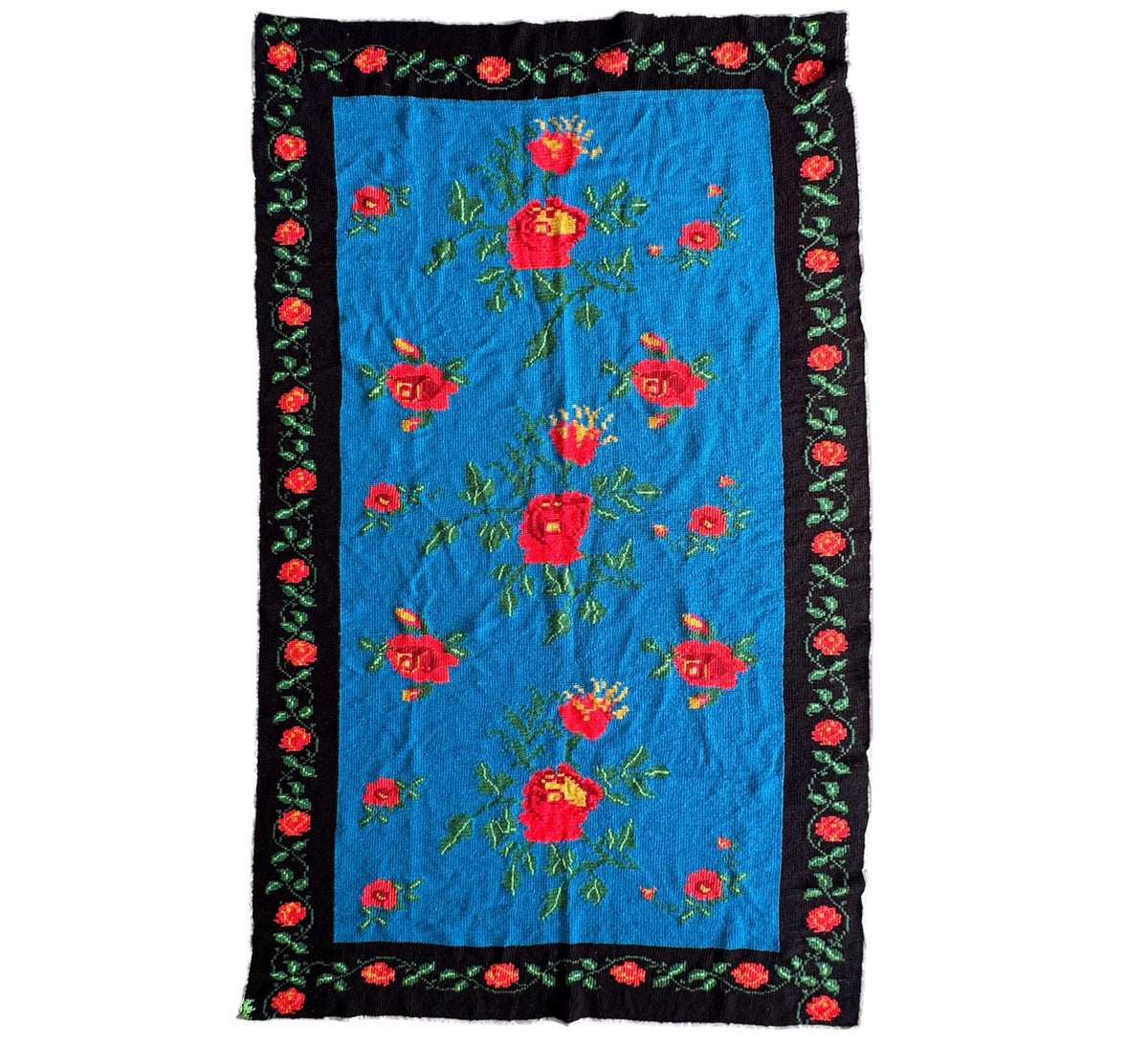 Cross-Stitch Wall Tapestry with Roses, Blue, 250x135 cm