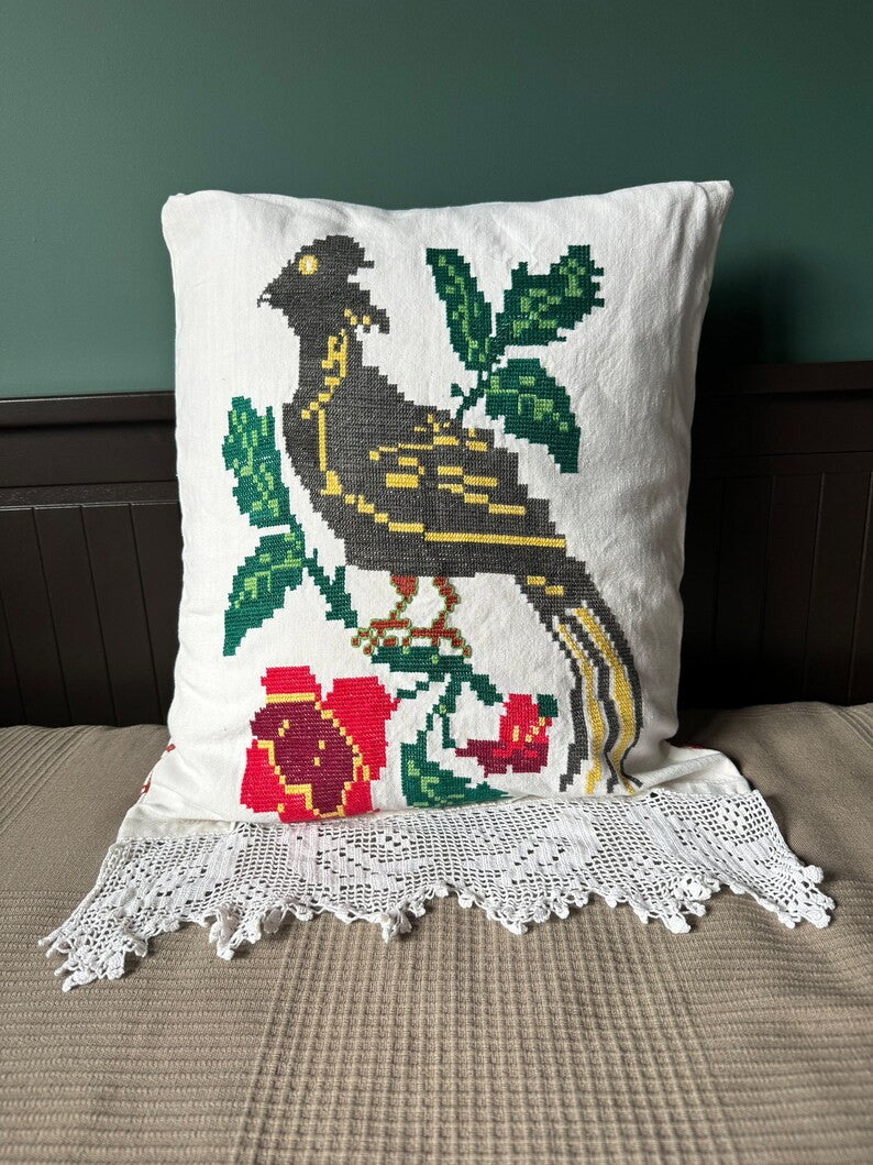 Large Embroidered Bird Pillow Case with Lace, 40x49 cm
