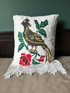 Large Embroidered Bird Pillow Case with Lace, 40x49 cm