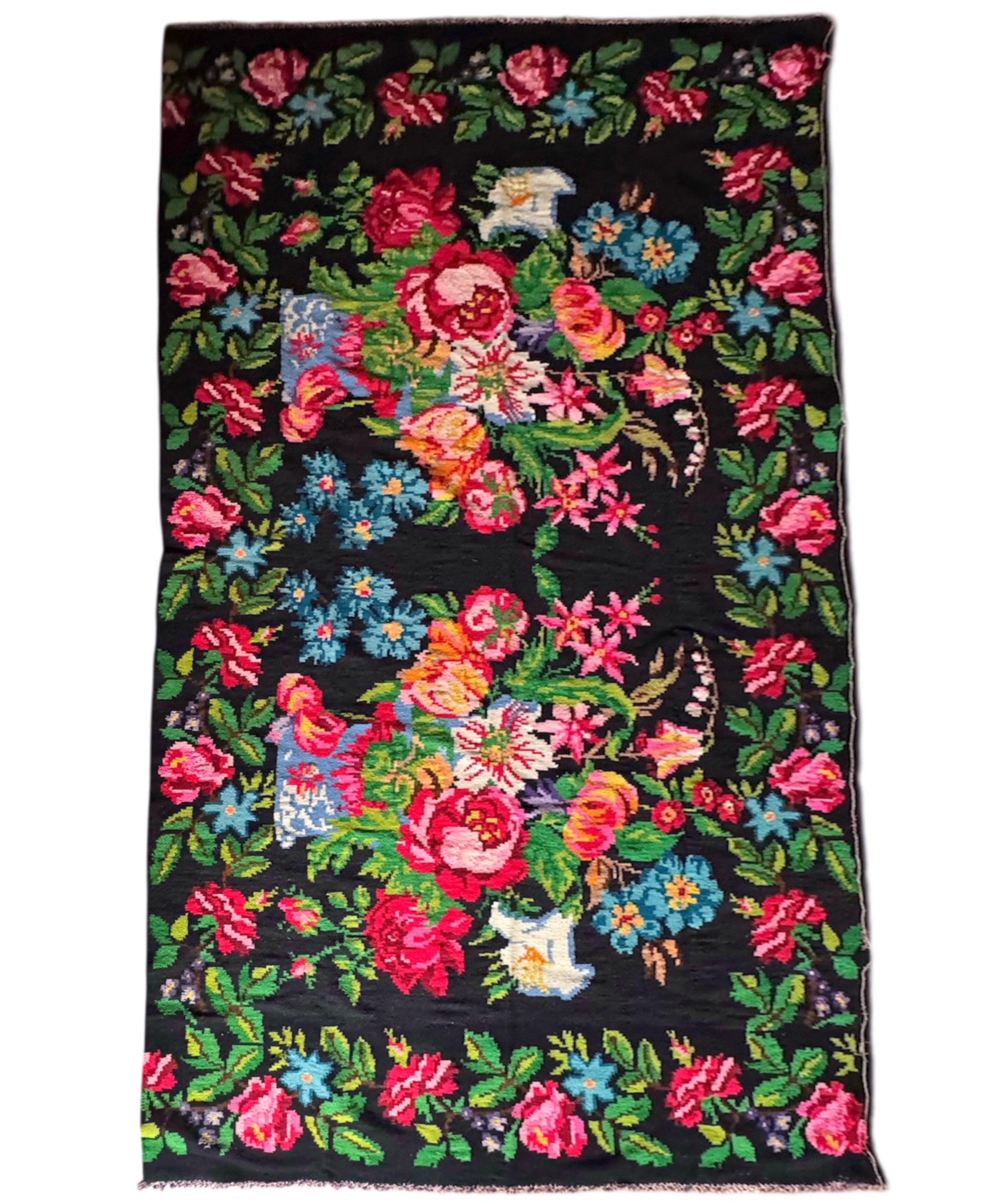Old Black Floral Romanian Wool Rug, 380x190 cm