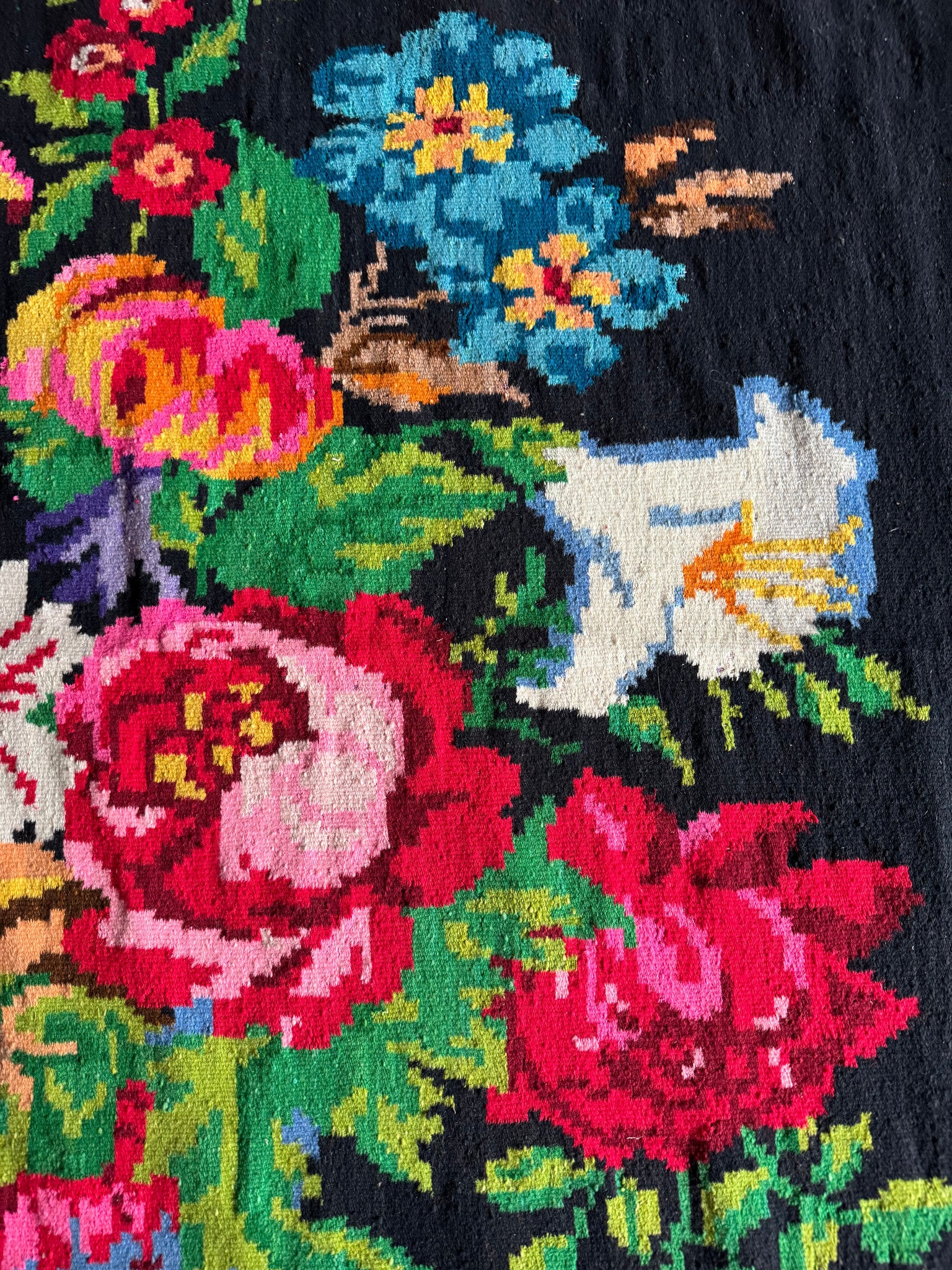 Old Black Floral Romanian Wool Rug, 380x190 cm, view 12