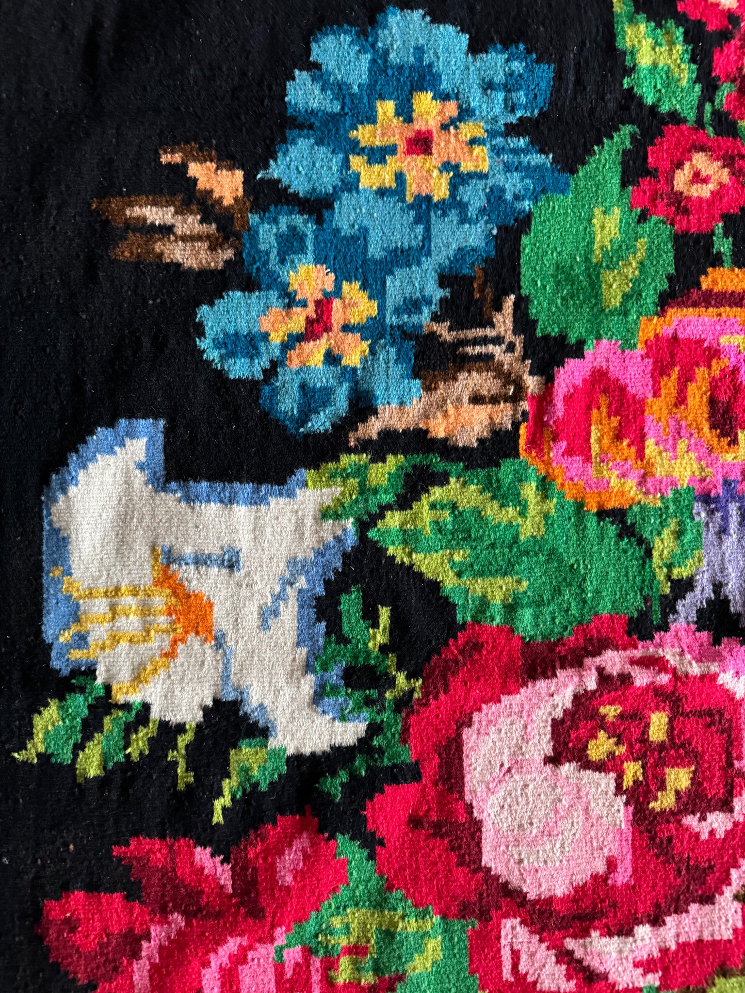 Old Black Floral Romanian Wool Rug, 380x190 cm, view 3