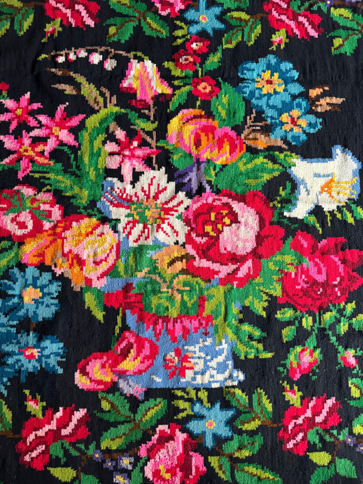 Old Black Floral Romanian Wool Rug, 380x190 cm, view 6