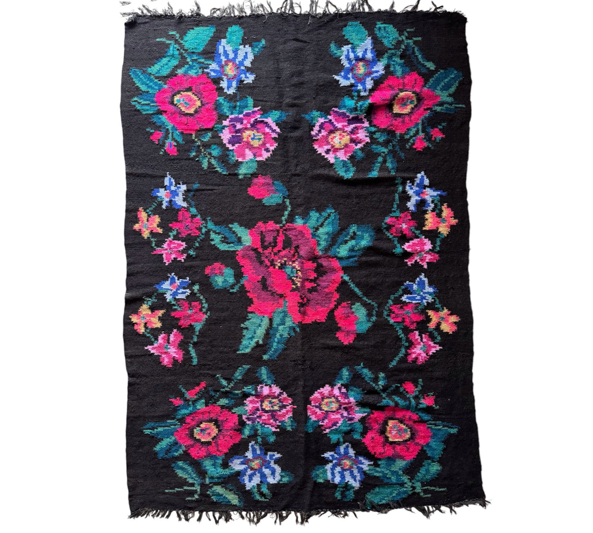Vintage Black Floral Maramureș Wool Rug, 200x120 cm
