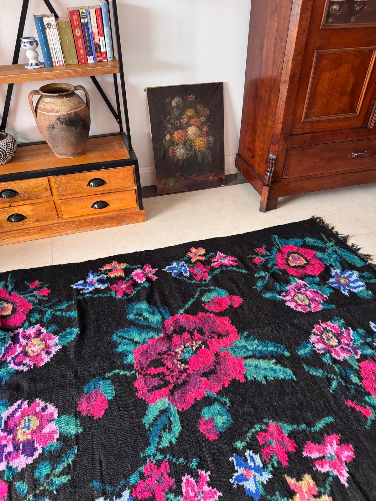 Vintage Black Floral Maramureș Wool Rug, 200x120 cm, view 2