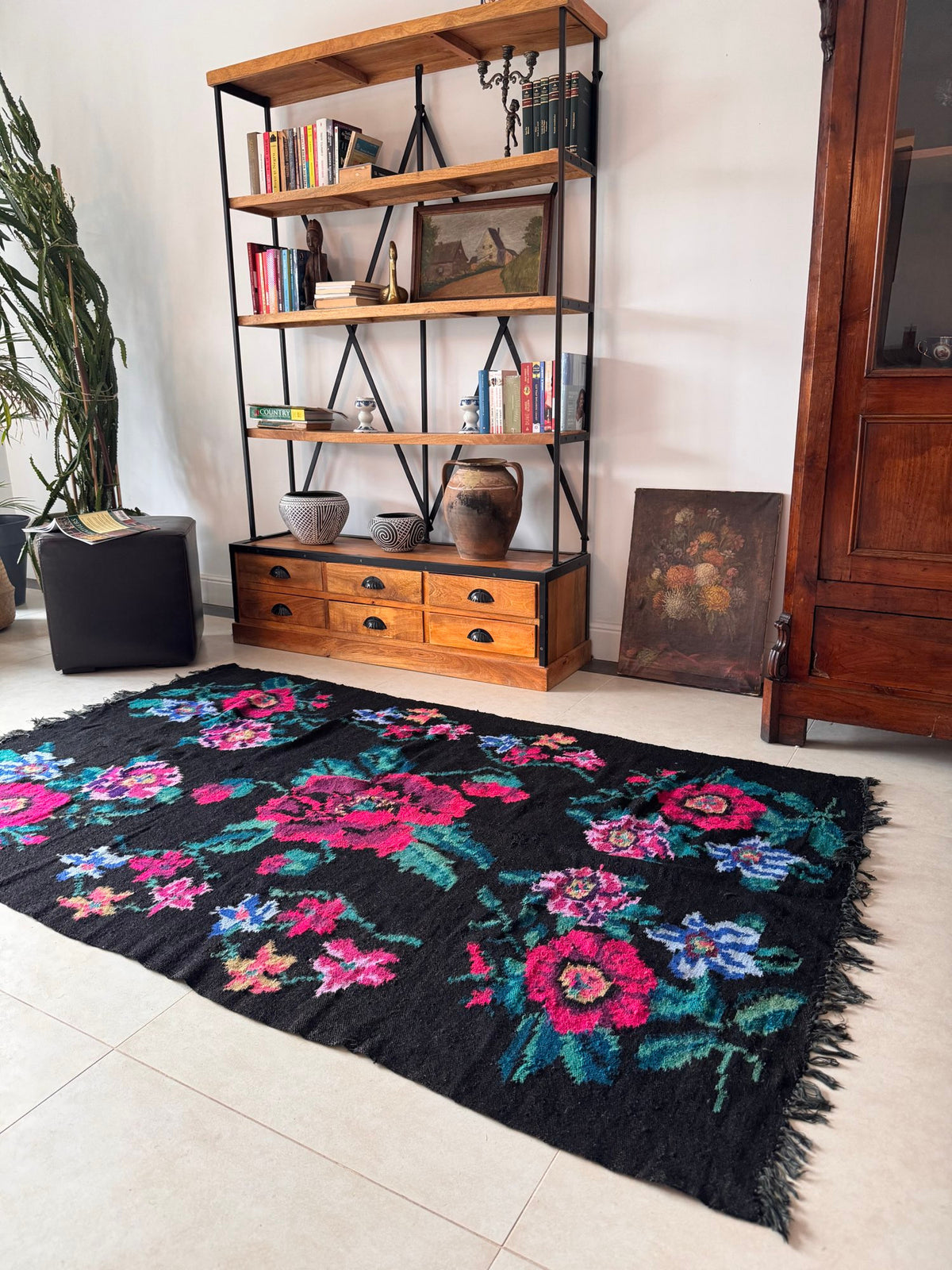 Vintage Black Floral Maramureș Wool Rug, 200x120 cm, view 3
