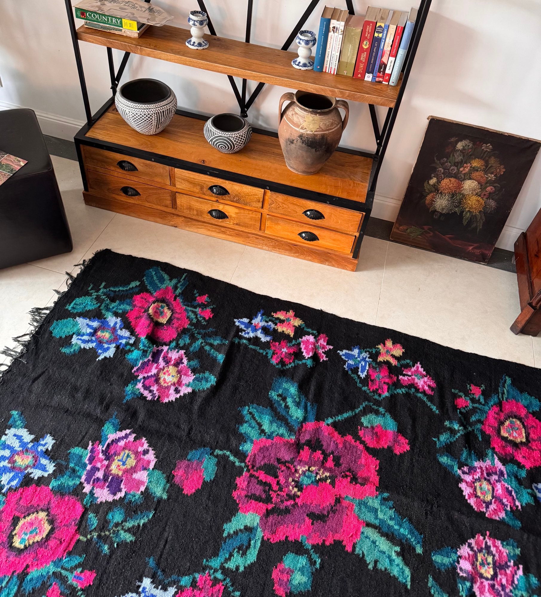 Vintage Black Floral Maramureș Wool Rug, 200x120 cm, view 4