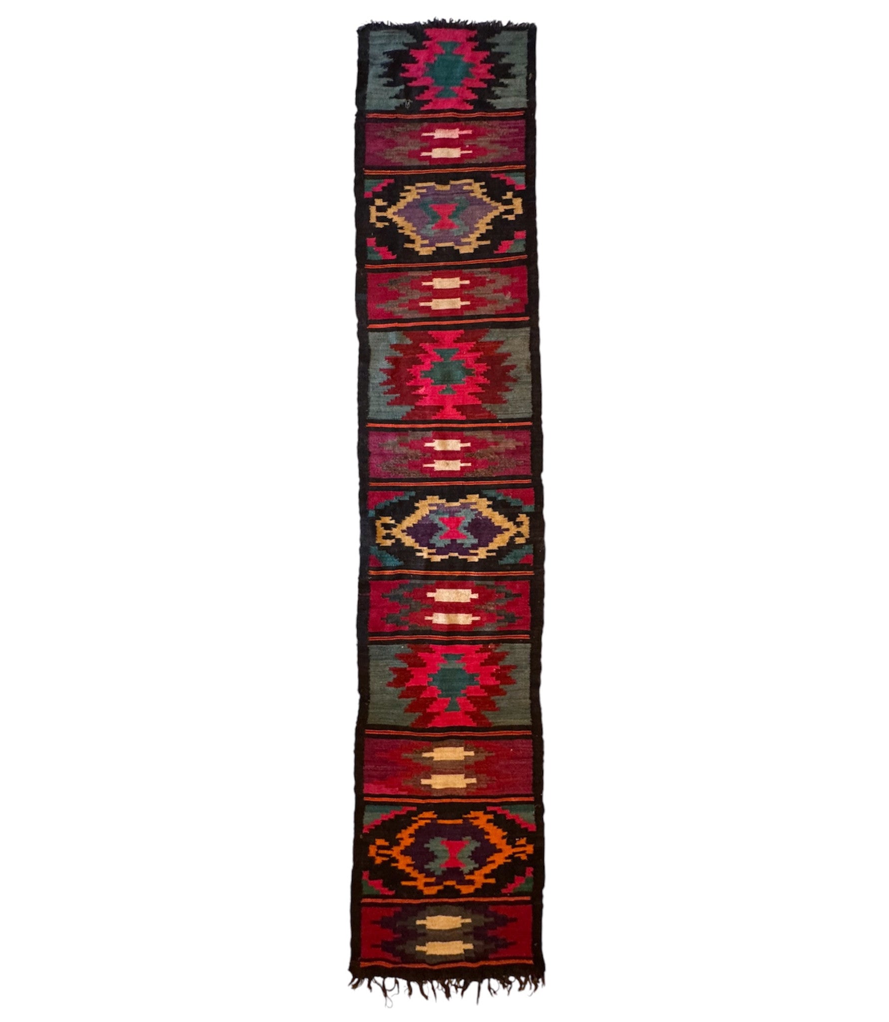 Vintage Geometric Maramureș Wool Runner Rug, 370x68 cm