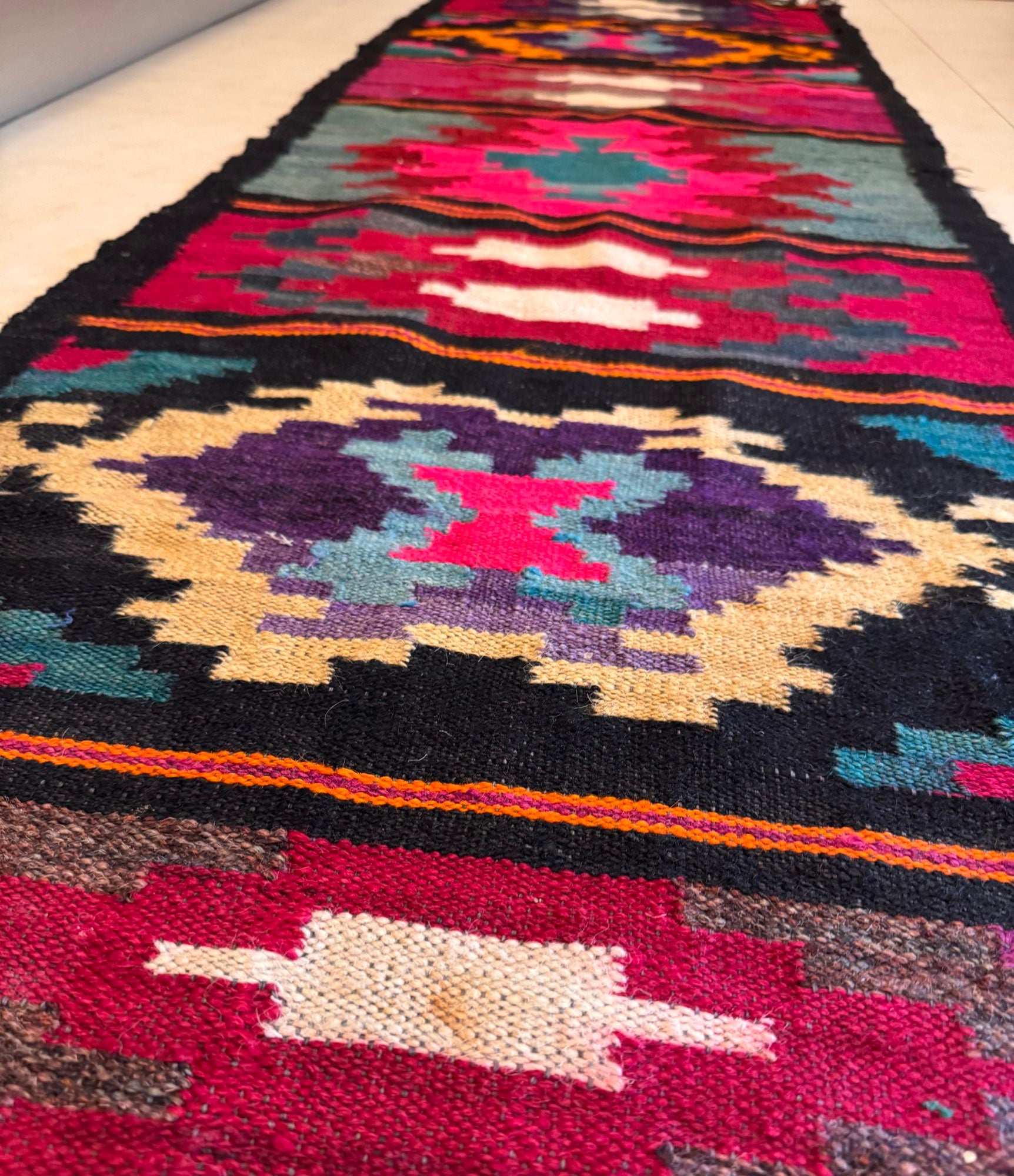 Vintage Geometric Maramureș Wool Runner Rug, 370x68 cm, view 7