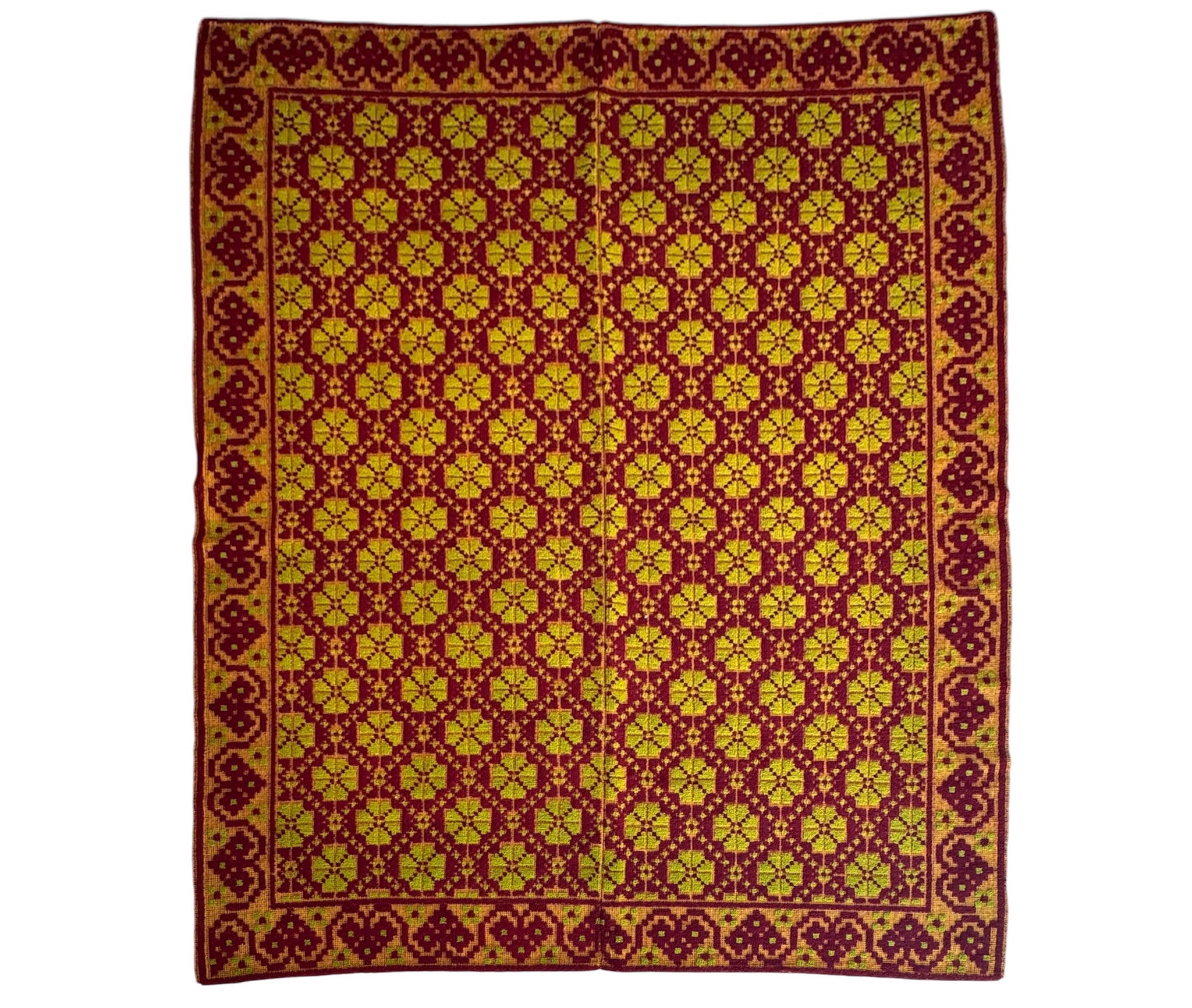 Vintage Green Geometric Romanian Wool Rug, 200x162 cm