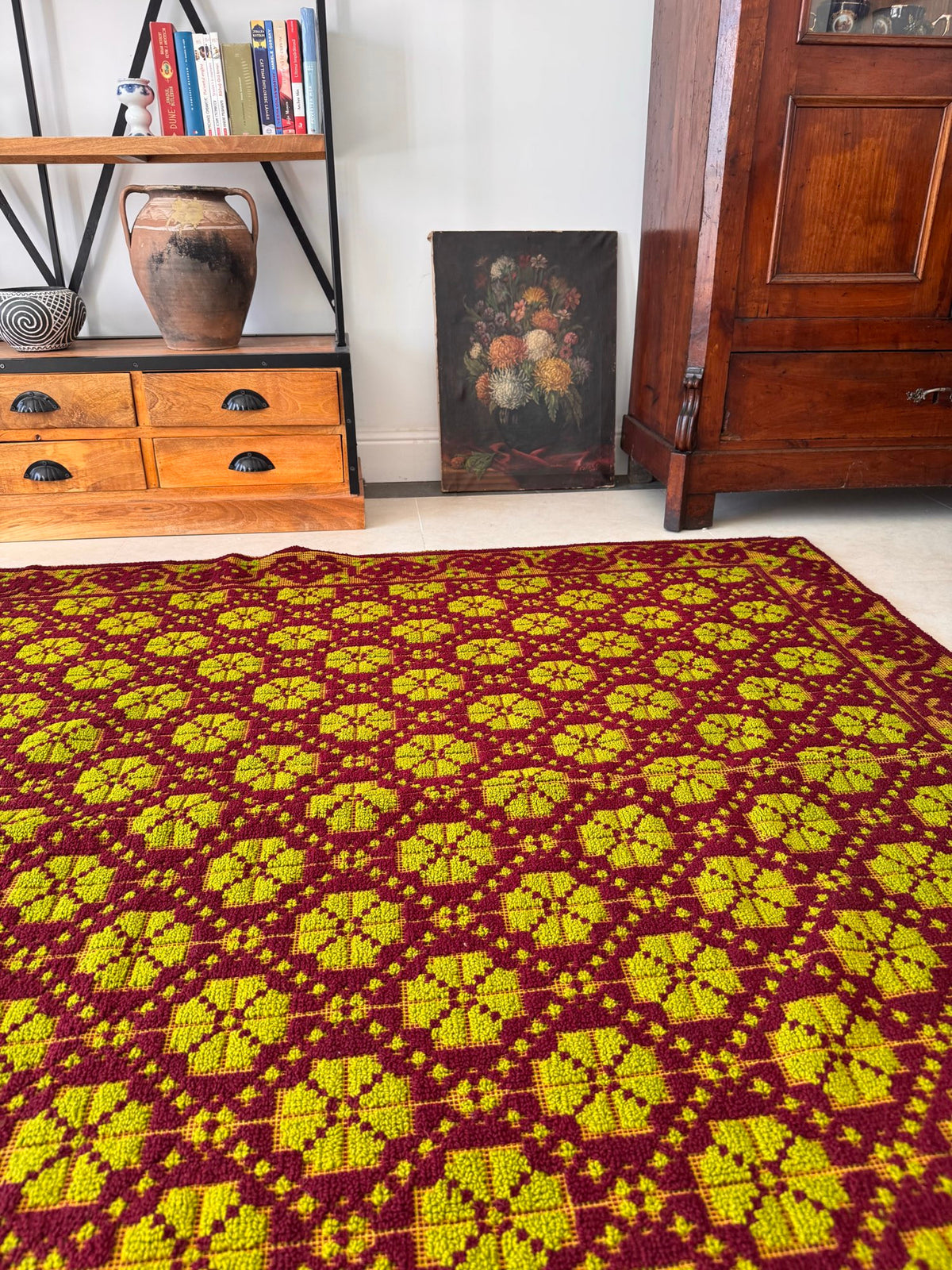 Vintage Green Geometric Romanian Wool Rug, 200x162 cm, view 13