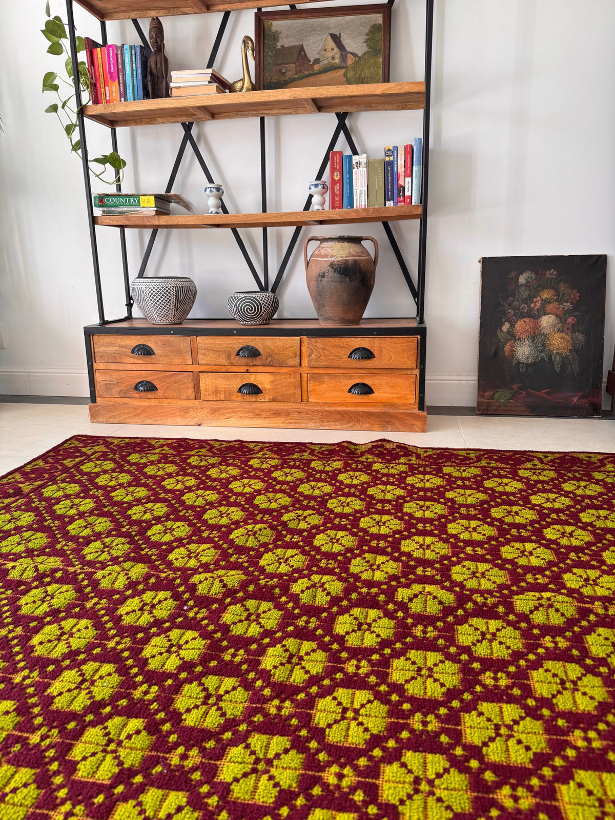 Vintage Green Geometric Romanian Wool Rug, 200x162 cm, view 14
