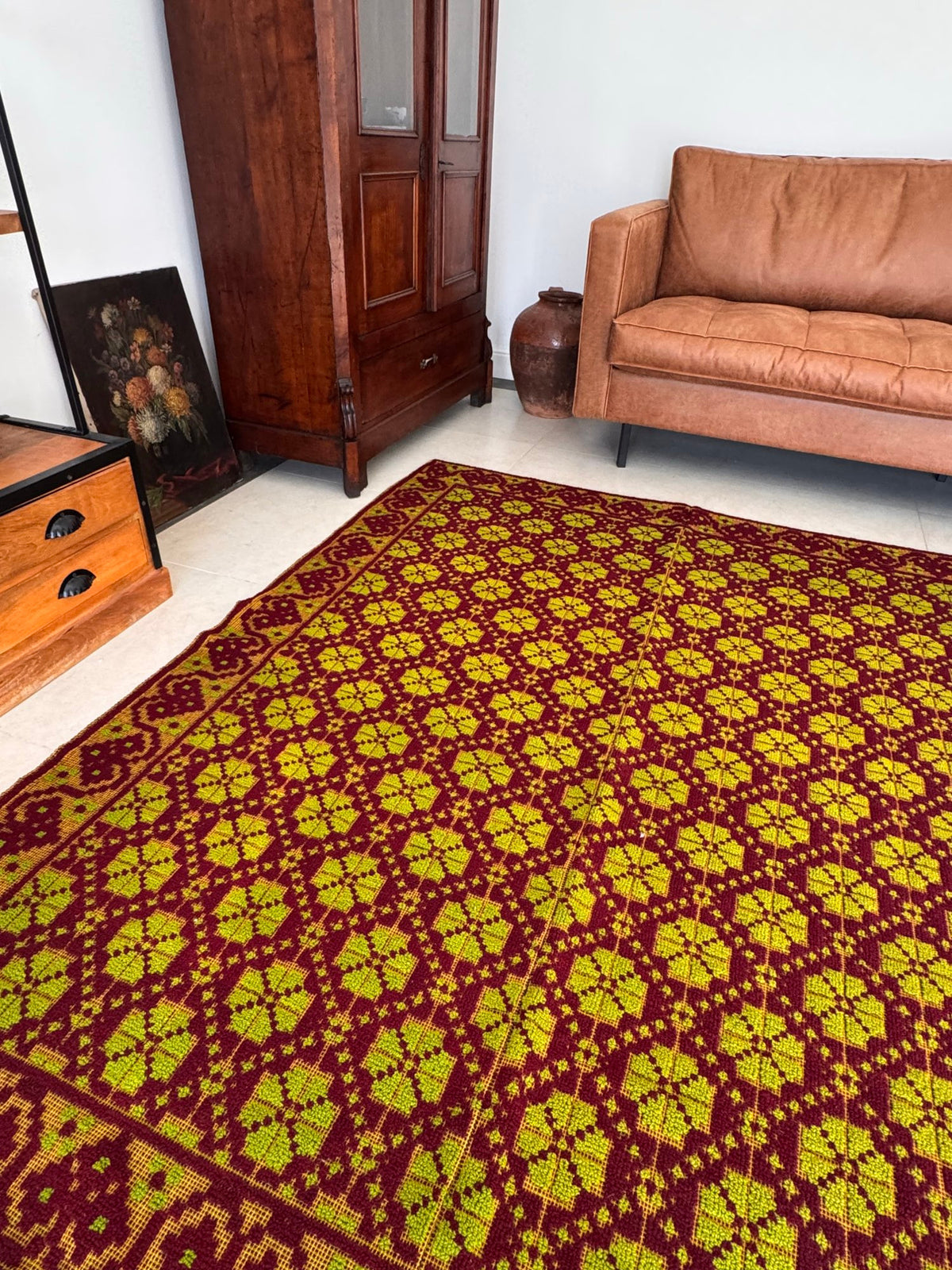 Vintage Green Geometric Romanian Wool Rug, 200x162 cm, view 3