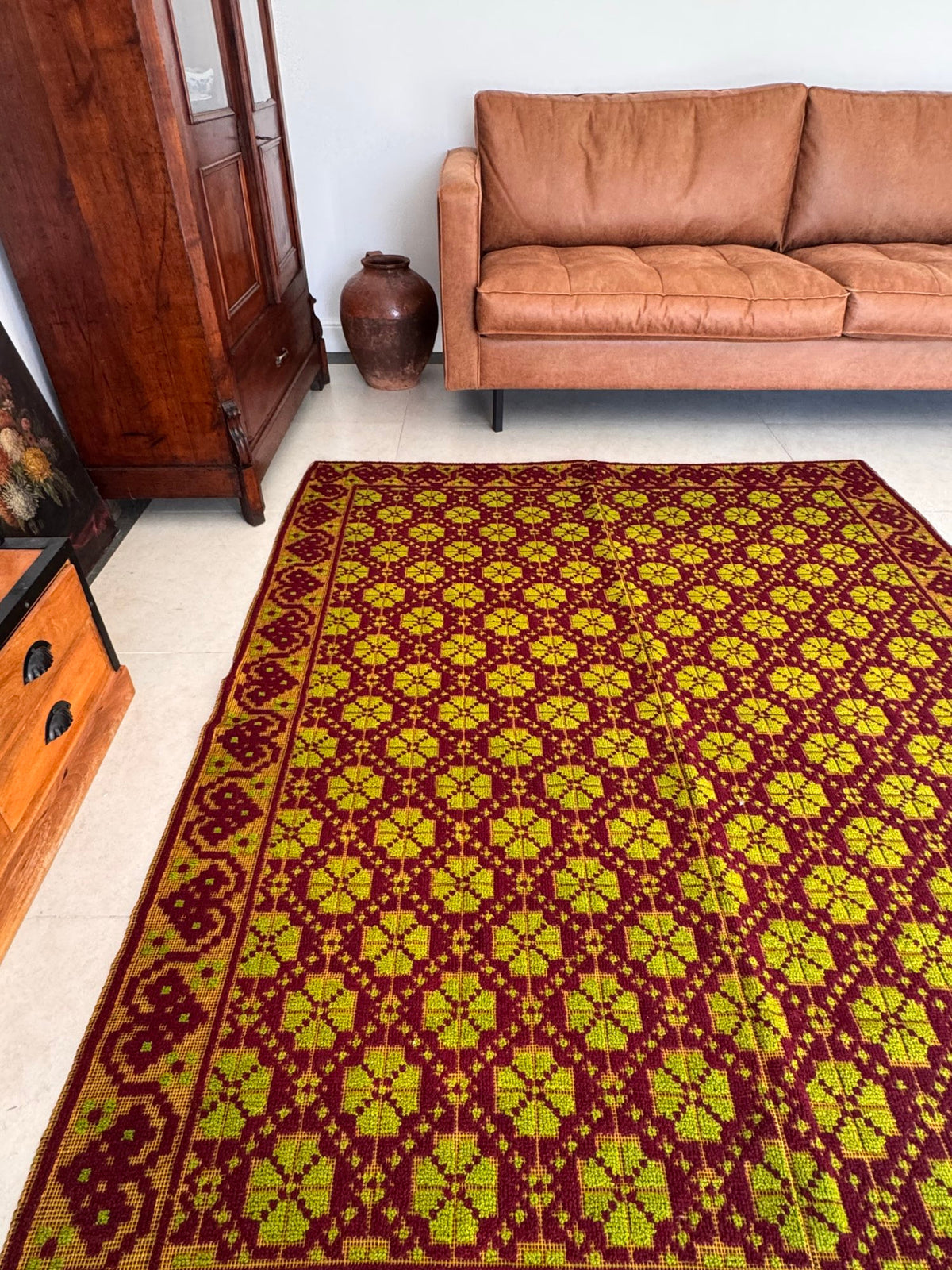 Vintage Green Geometric Romanian Wool Rug, 200x162 cm, view 4