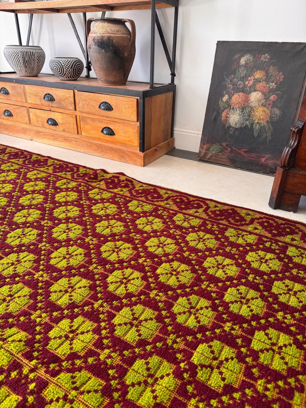 Vintage Green Geometric Romanian Wool Rug, 200x162 cm, view 5