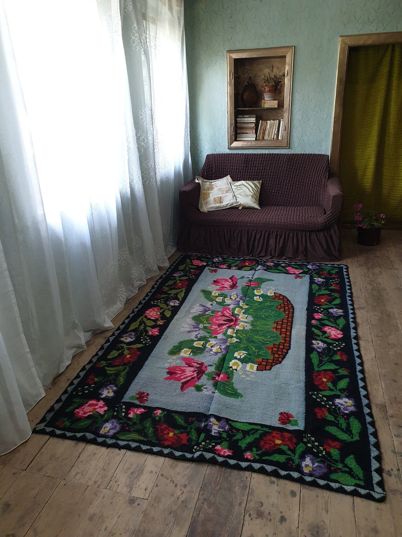 Handwoven Gray Floral Romanian Wool Rug, 239x155 cm, view 2