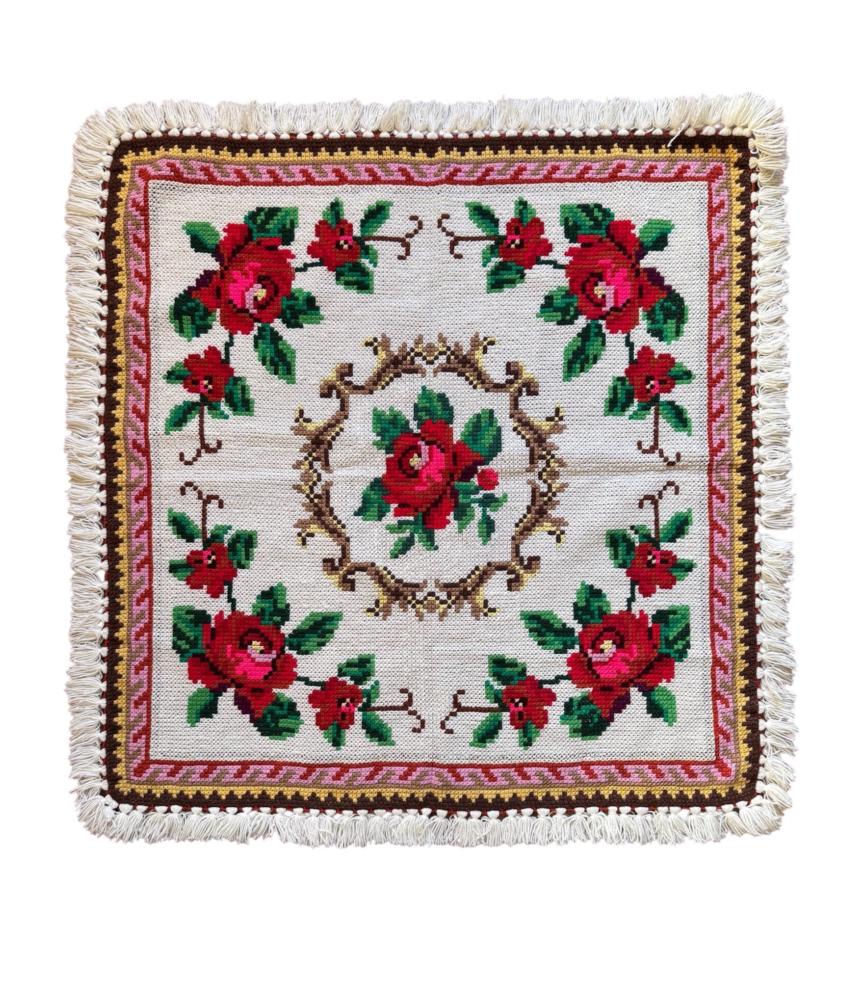 Cross-Stitch Rose Tablecloth, Romanian Folk, 89x84 cm