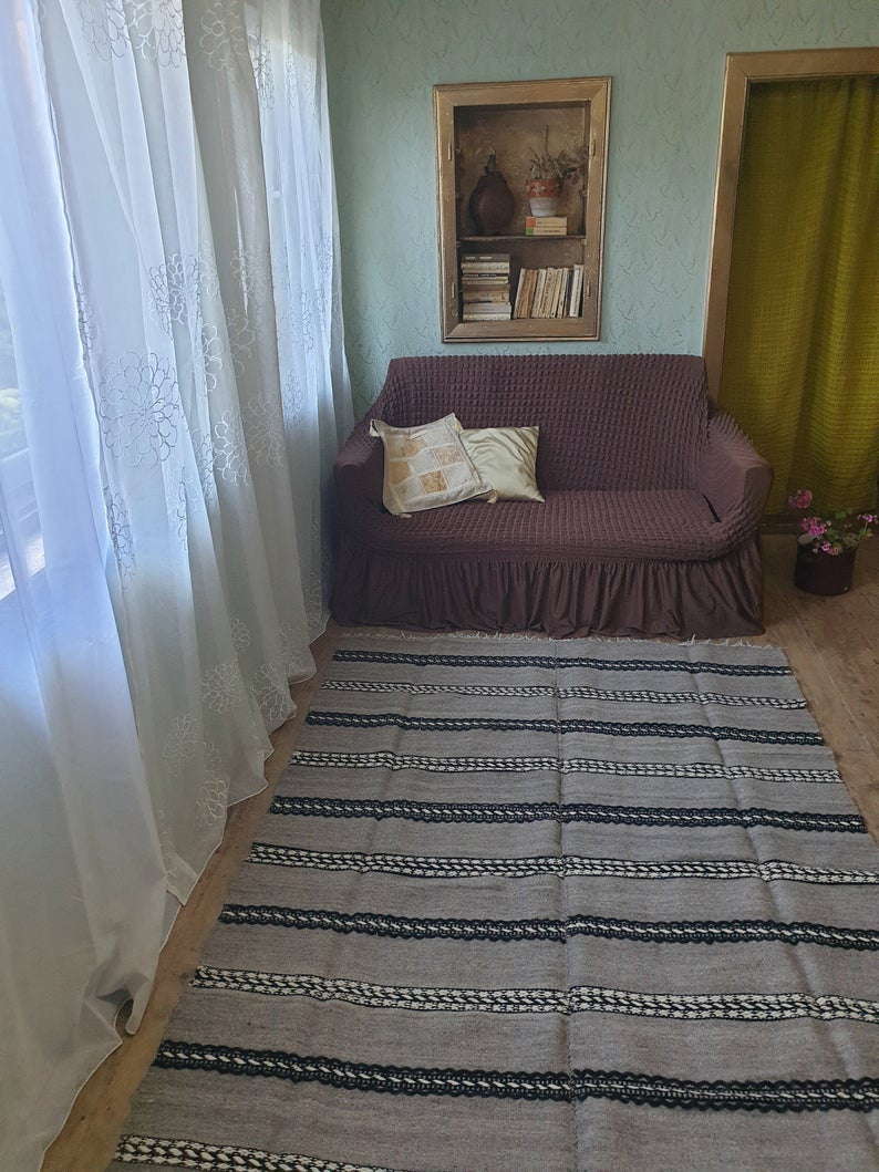 Vintage Gray Geometric Romanian Wool Rug, 228x154 cm, view 4
