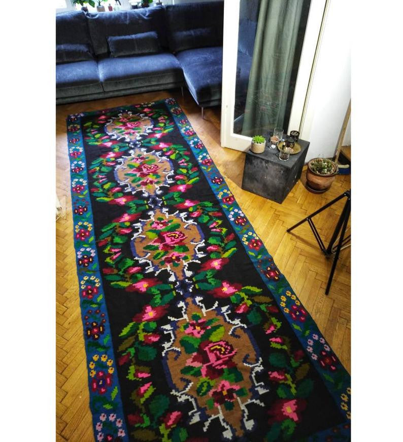 Vintage Blue Floral Romanian Wool Runner Rug, 435x145 cm
