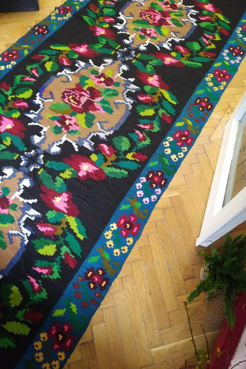 Vintage Blue Floral Romanian Wool Runner Rug, 435x145 cm, view 6