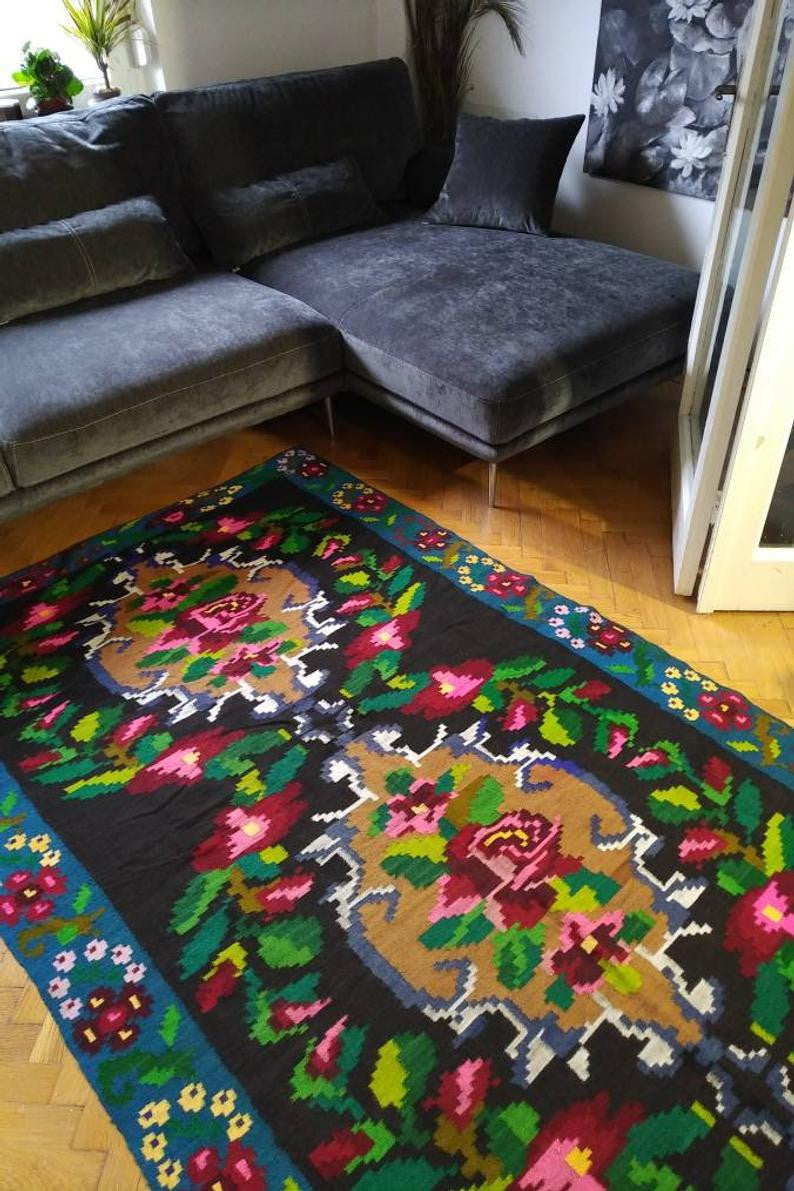 Vintage Blue Floral Romanian Wool Runner Rug, 435x145 cm, view 7