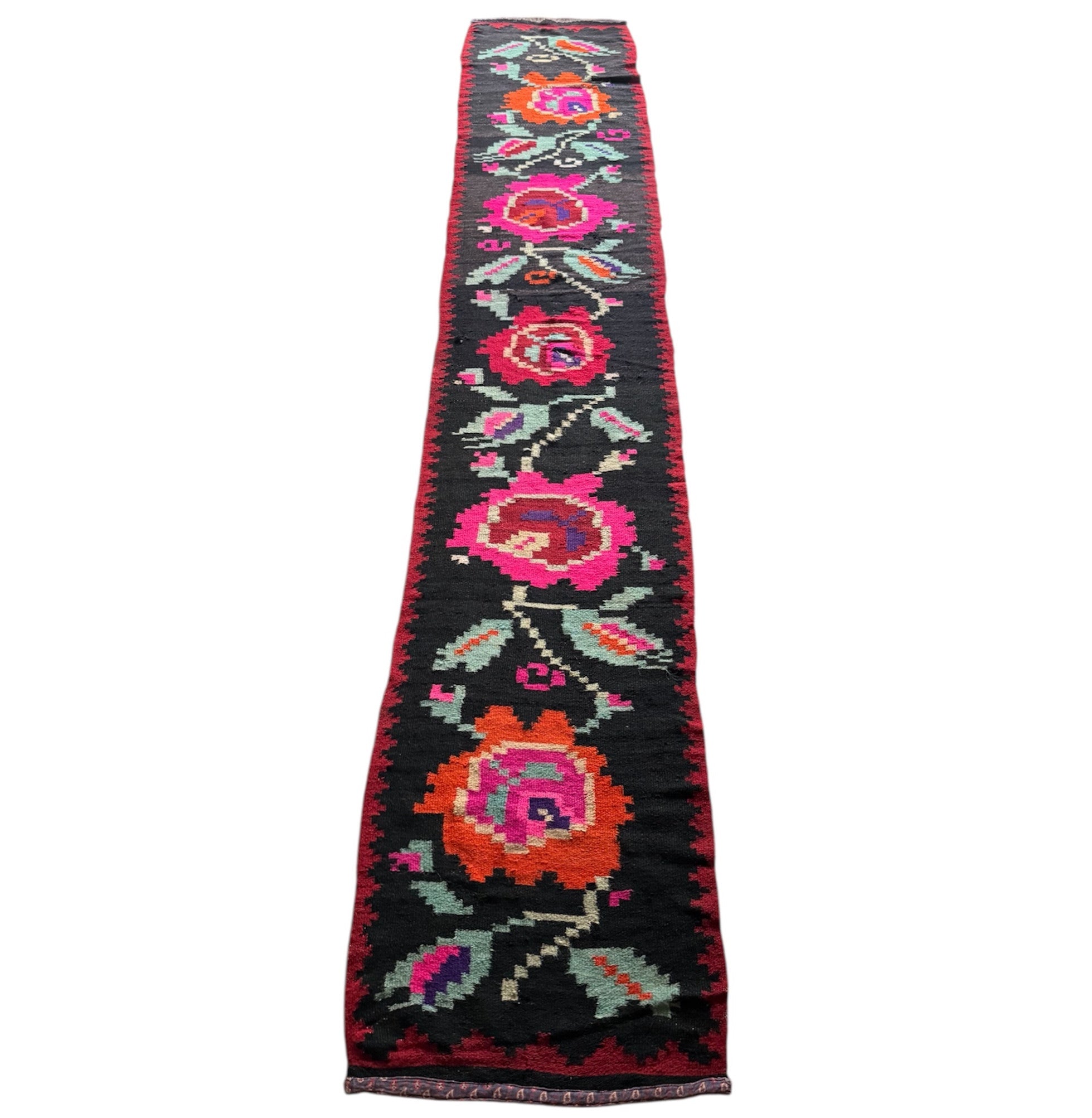 Vintage Floral Maramureș Wool Runner Rug, 368x67 cm