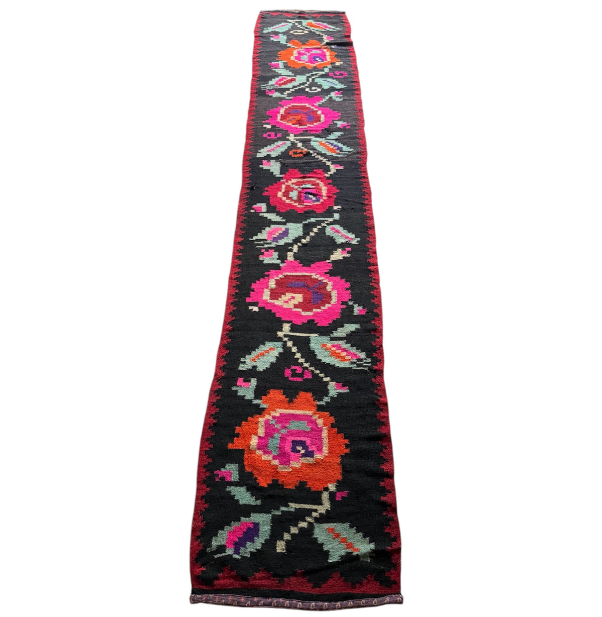 Vintage Floral Maramureș Wool Runner Rug, 368x67 cm